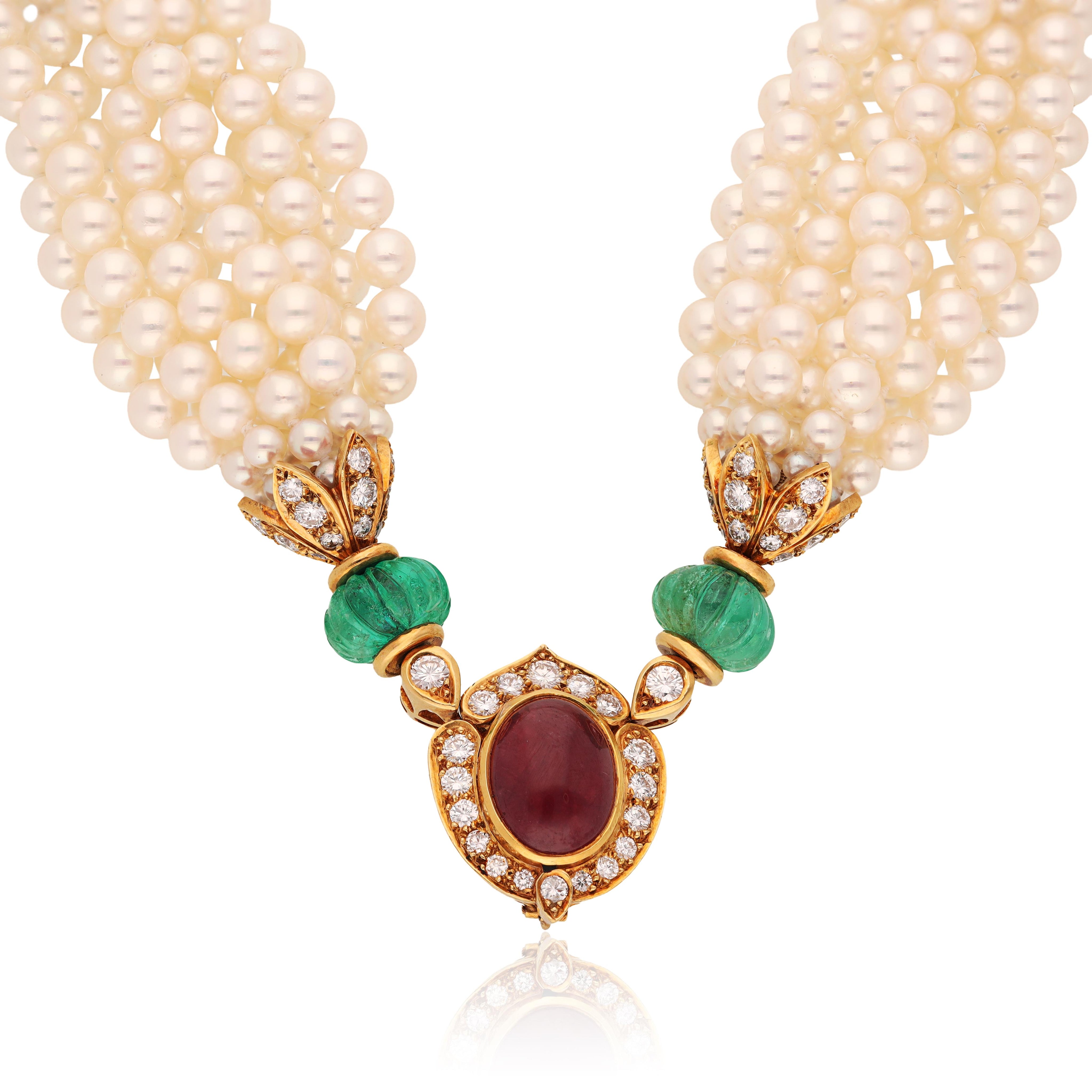 VAN CLEEF & ARPELS Carved Emerald, Cabochon Ruby, Diamond and Pearl Necklace