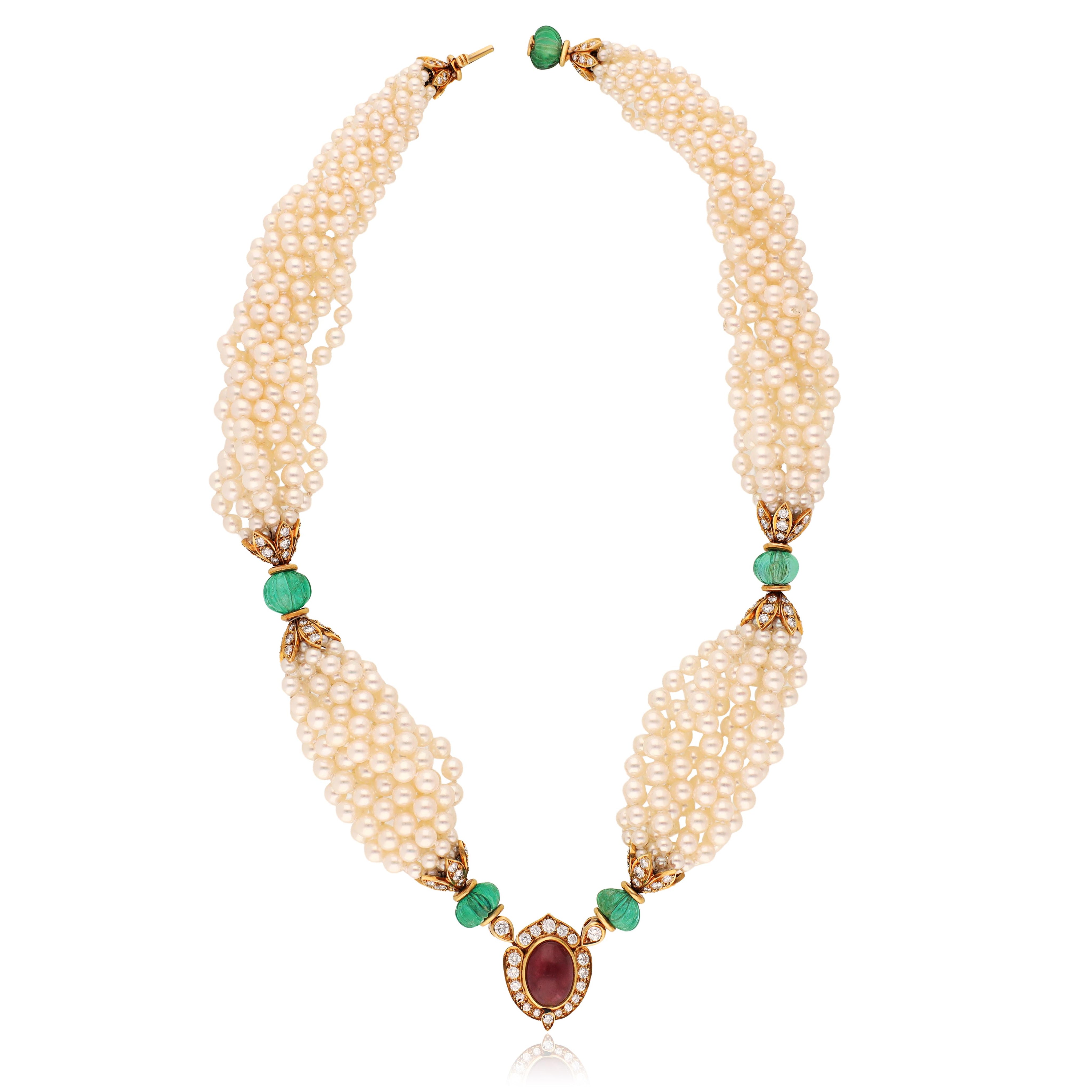 VAN CLEEF & ARPELS Carved Emerald, Cabochon Ruby, Diamond and Pearl Necklace