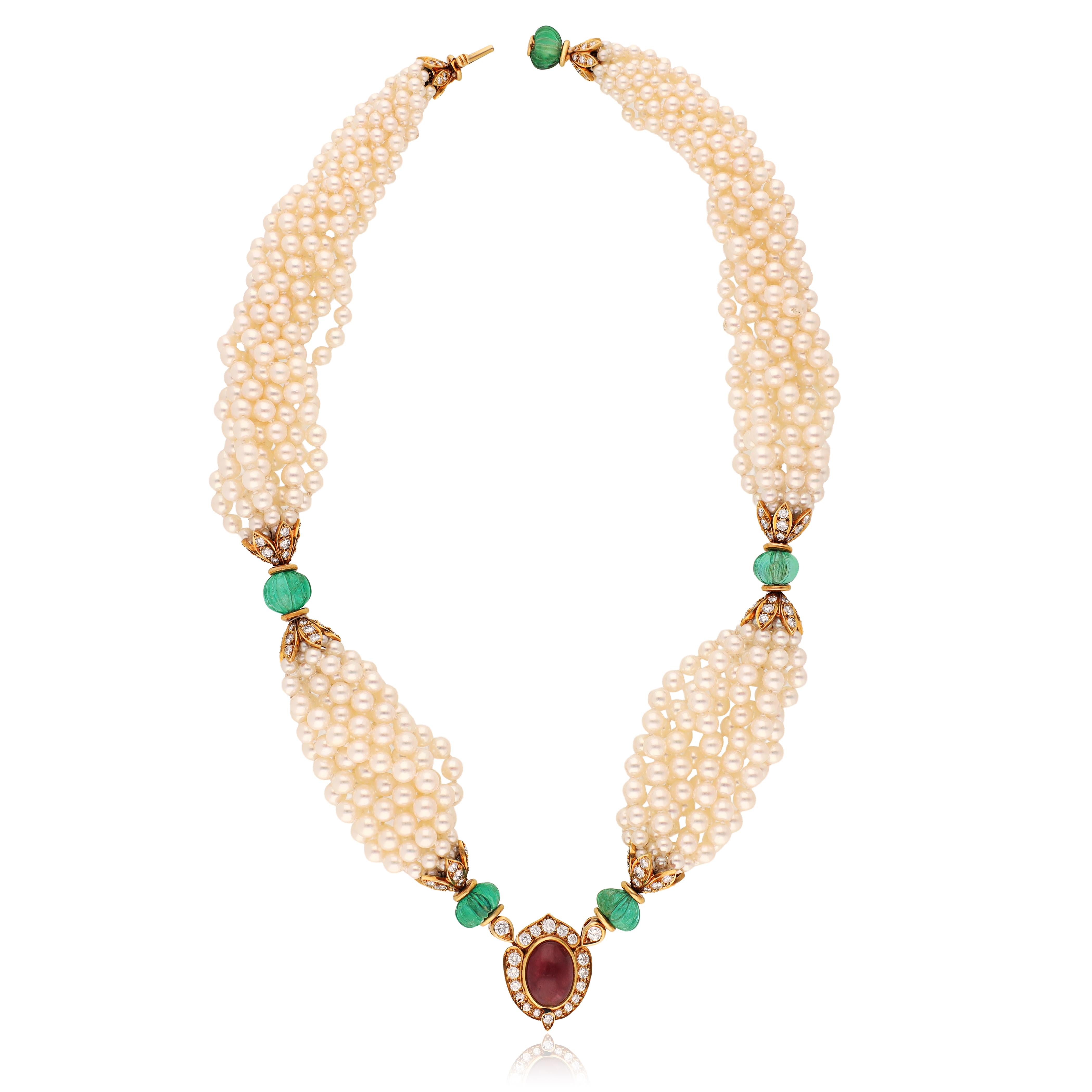 VAN CLEEF & ARPELS Carved Emerald, Cabochon Ruby, Diamond and Pearl Necklace