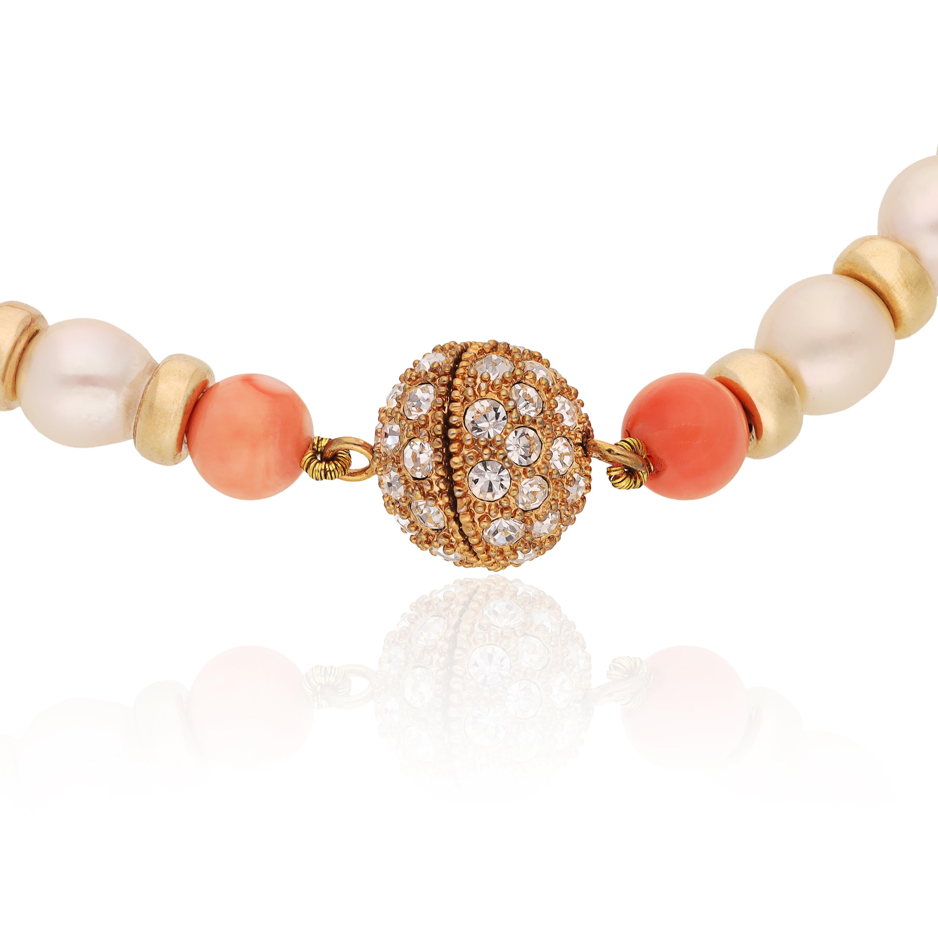 CAMPANELLI 18K Yellow Gold, Coral Bead, Pearl and Diamond Necklace