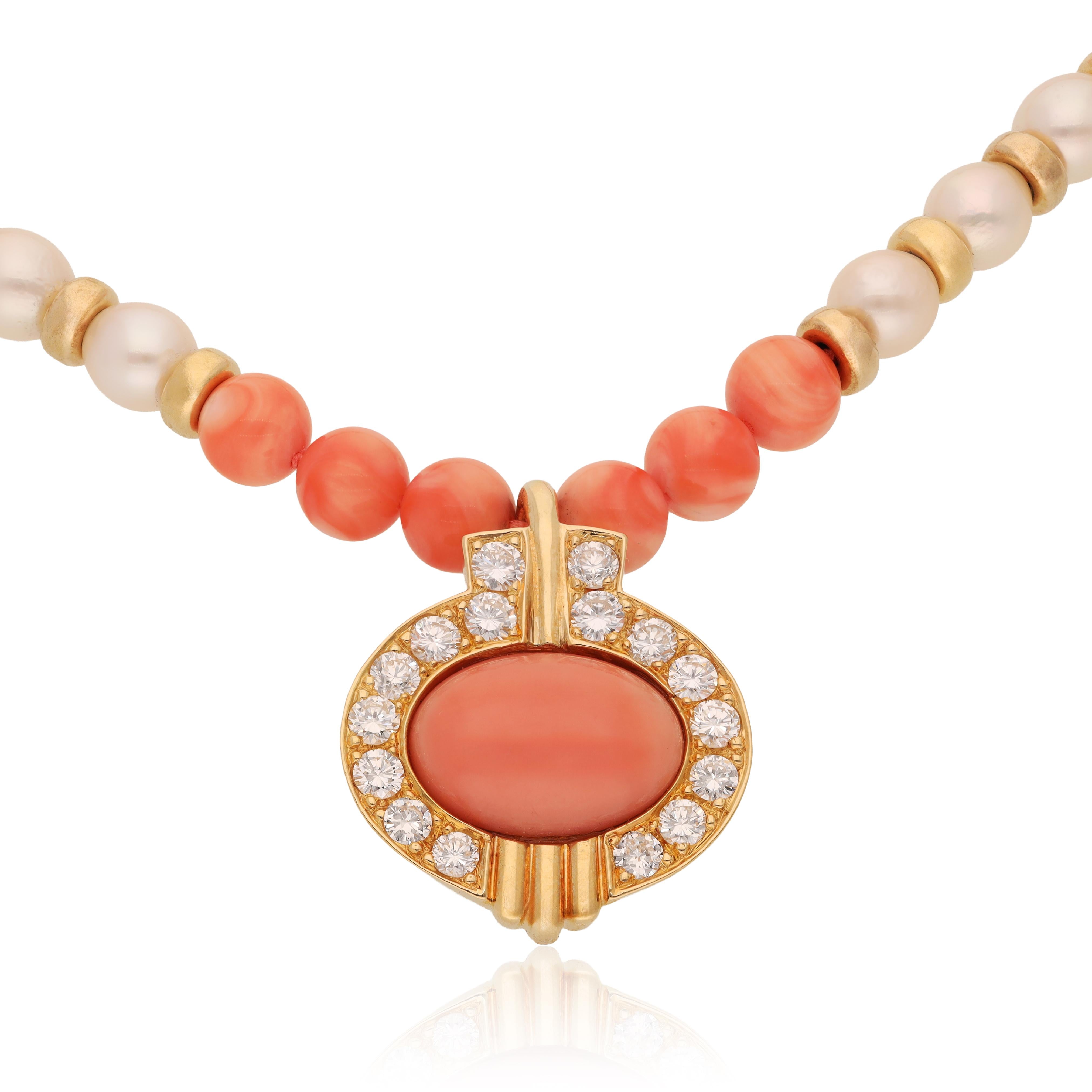 CAMPANELLI 18K Yellow Gold, Coral Bead, Pearl and Diamond Necklace
