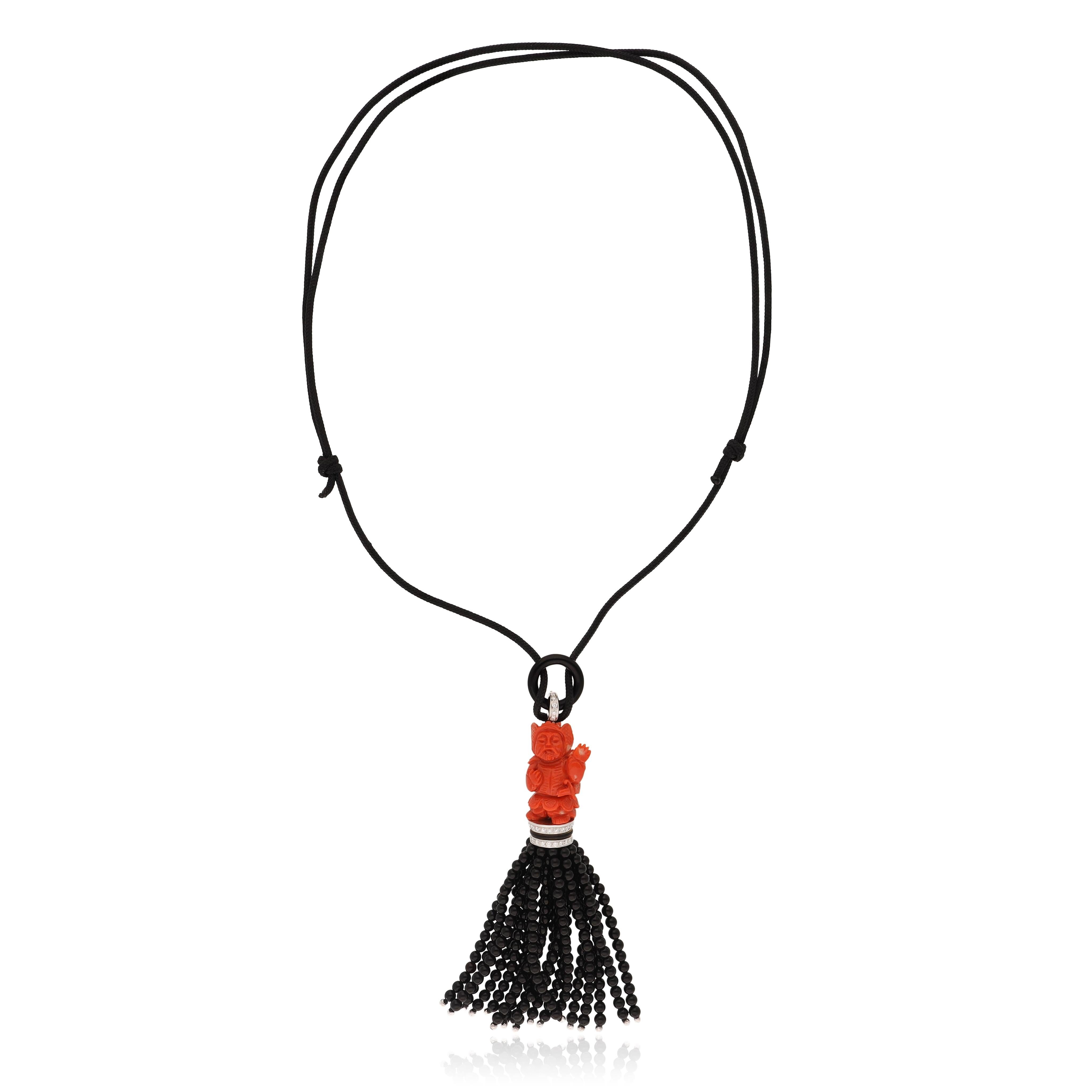 Platinum Carved Coral Shou Lao, Onyx, and Diamond Figurine Tassel Necklace