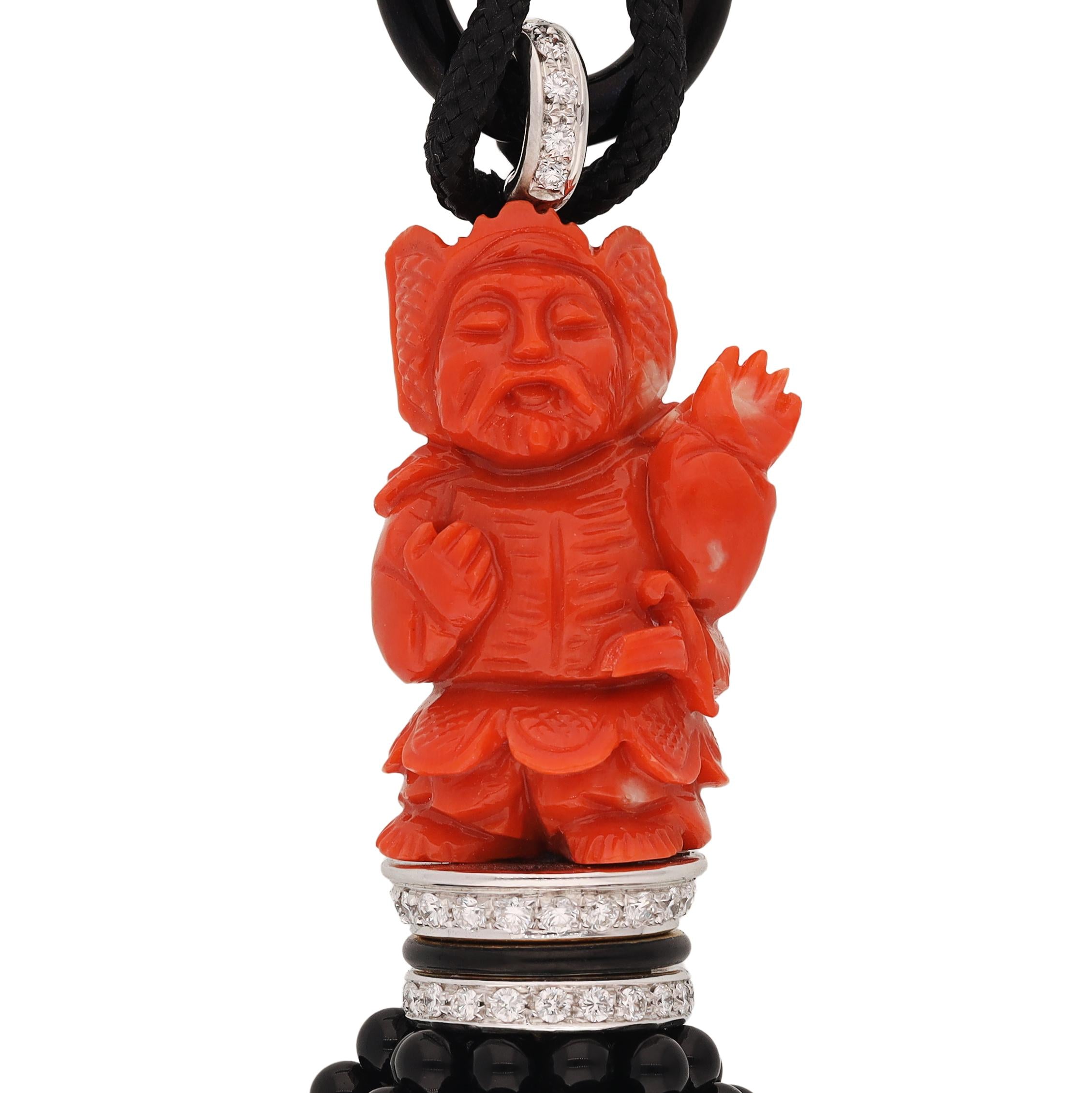 Platinum Carved Coral Shou Lao, Onyx, and Diamond Figurine Tassel Necklace