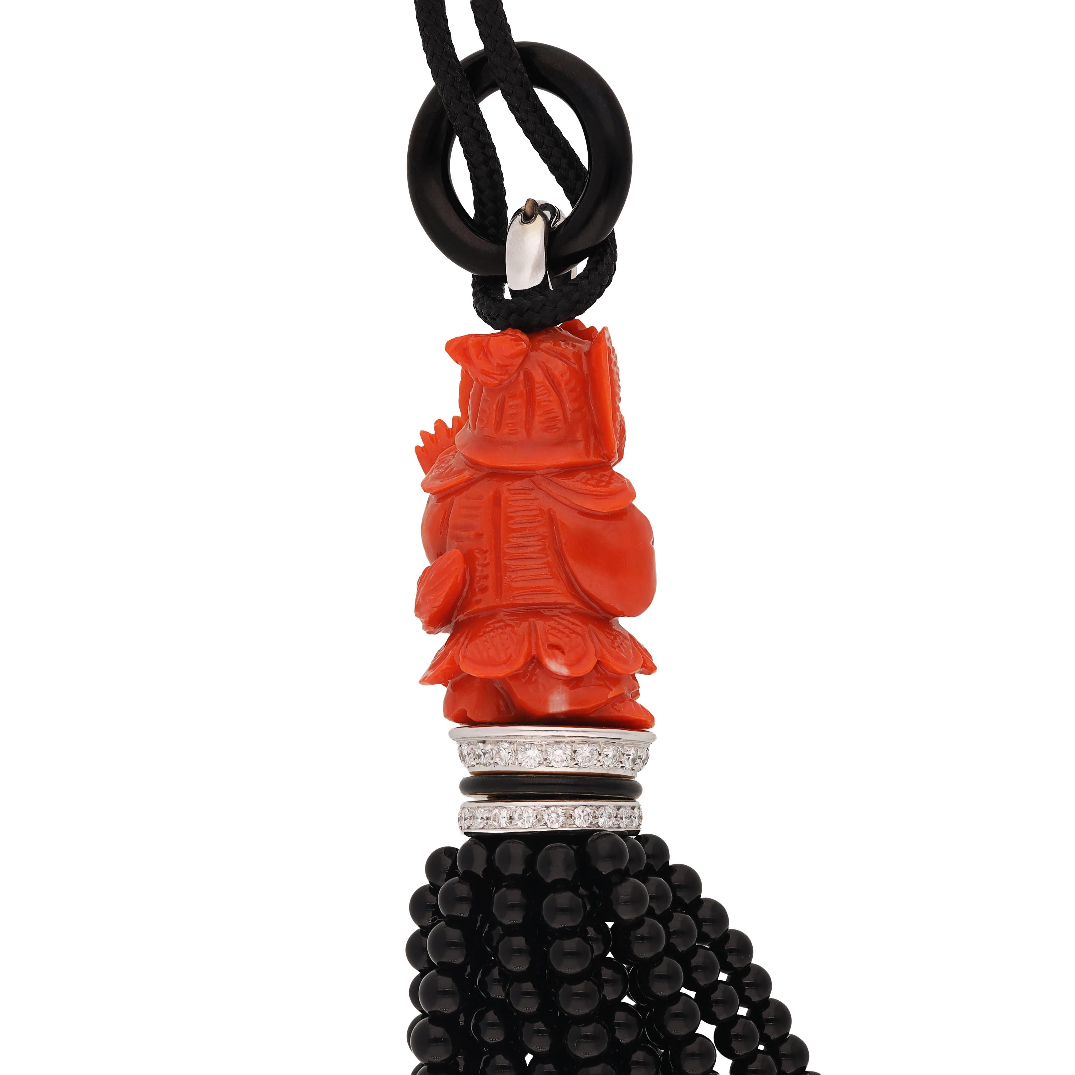 Platinum Carved Coral Shou Lao, Onyx, and Diamond Figurine Tassel Necklace