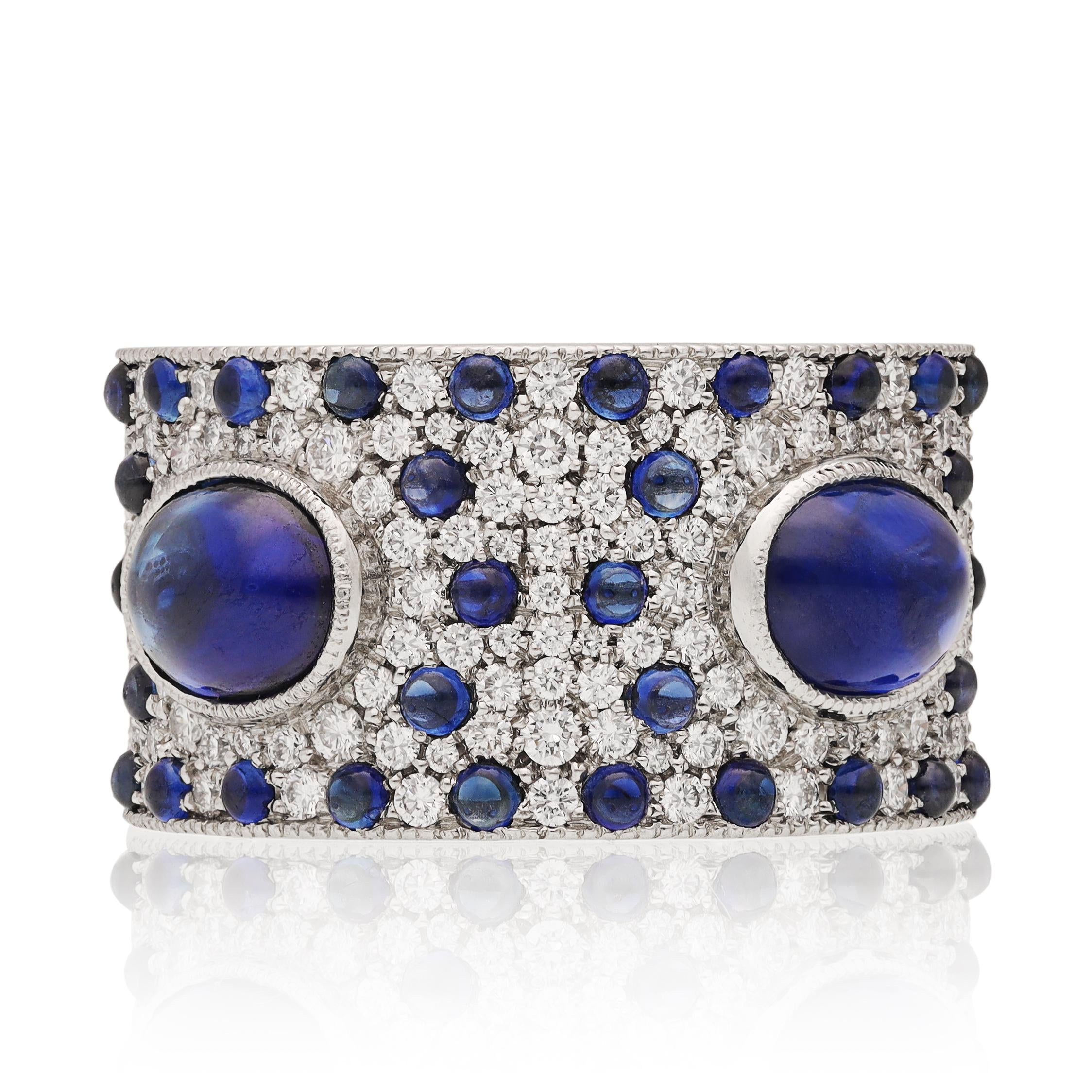 Platinum Cabochon Sapphire and Diamond Wedding Ring