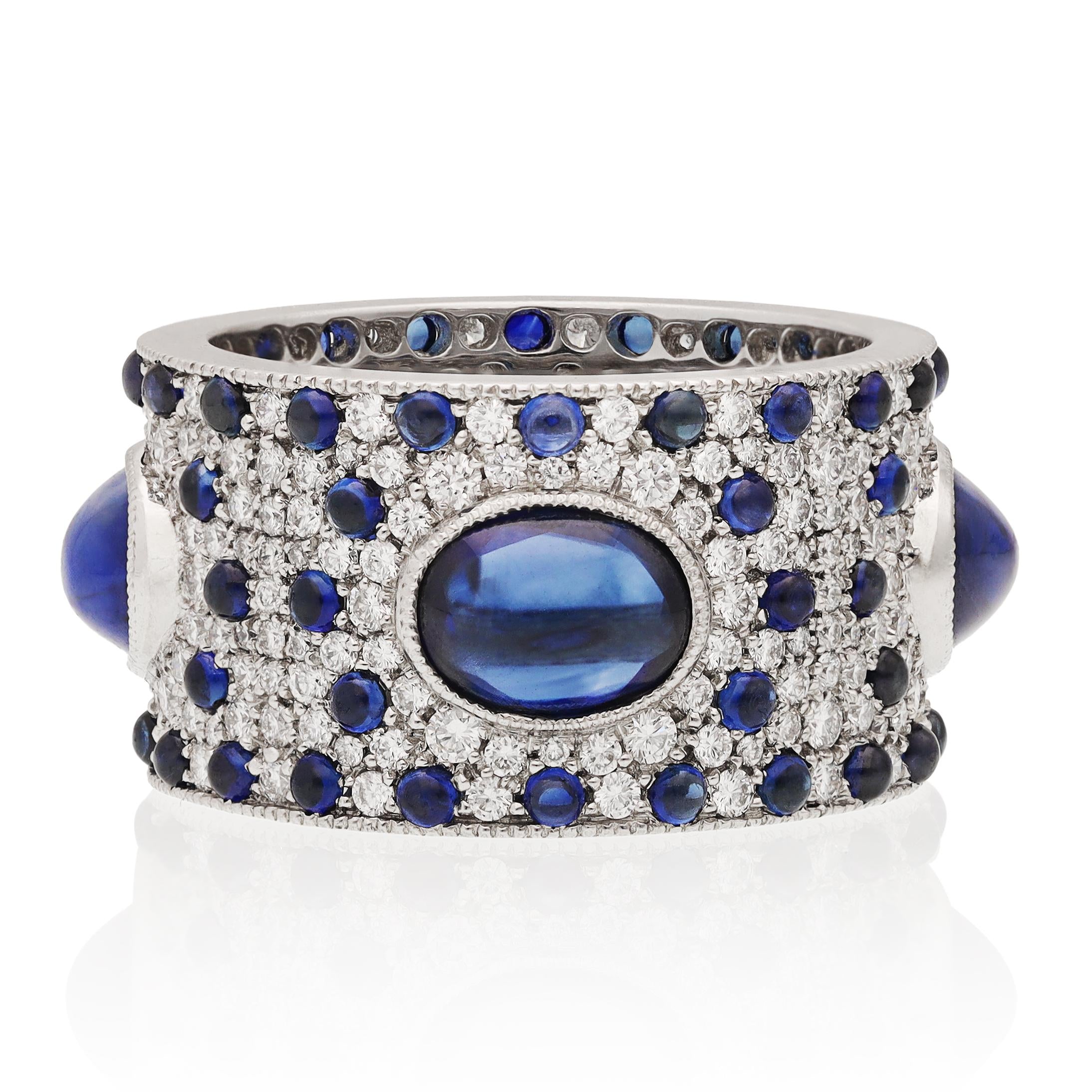 Platinum Cabochon Sapphire and Diamond Wedding Ring