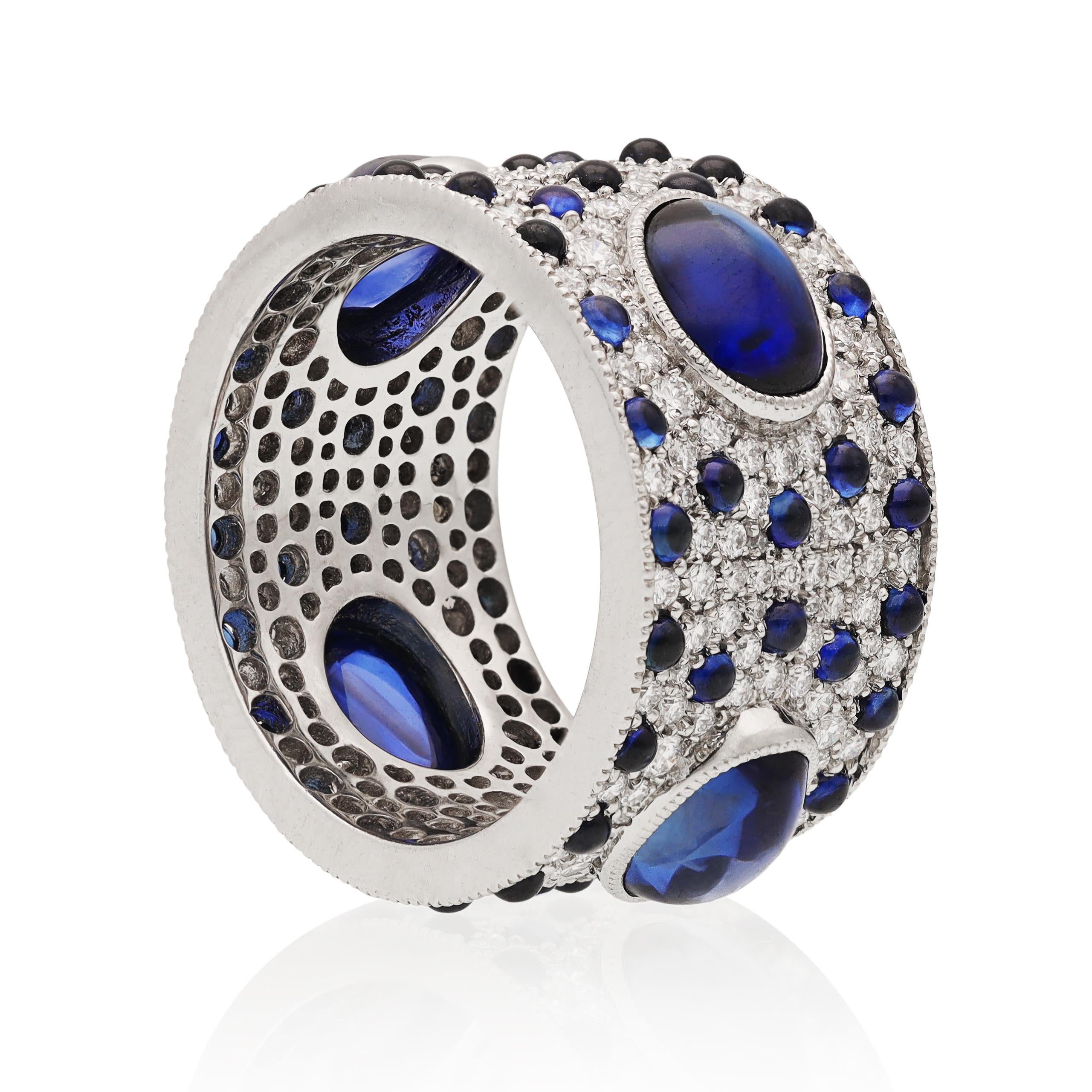 Platinum Cabochon Sapphire and Diamond Wedding Ring
