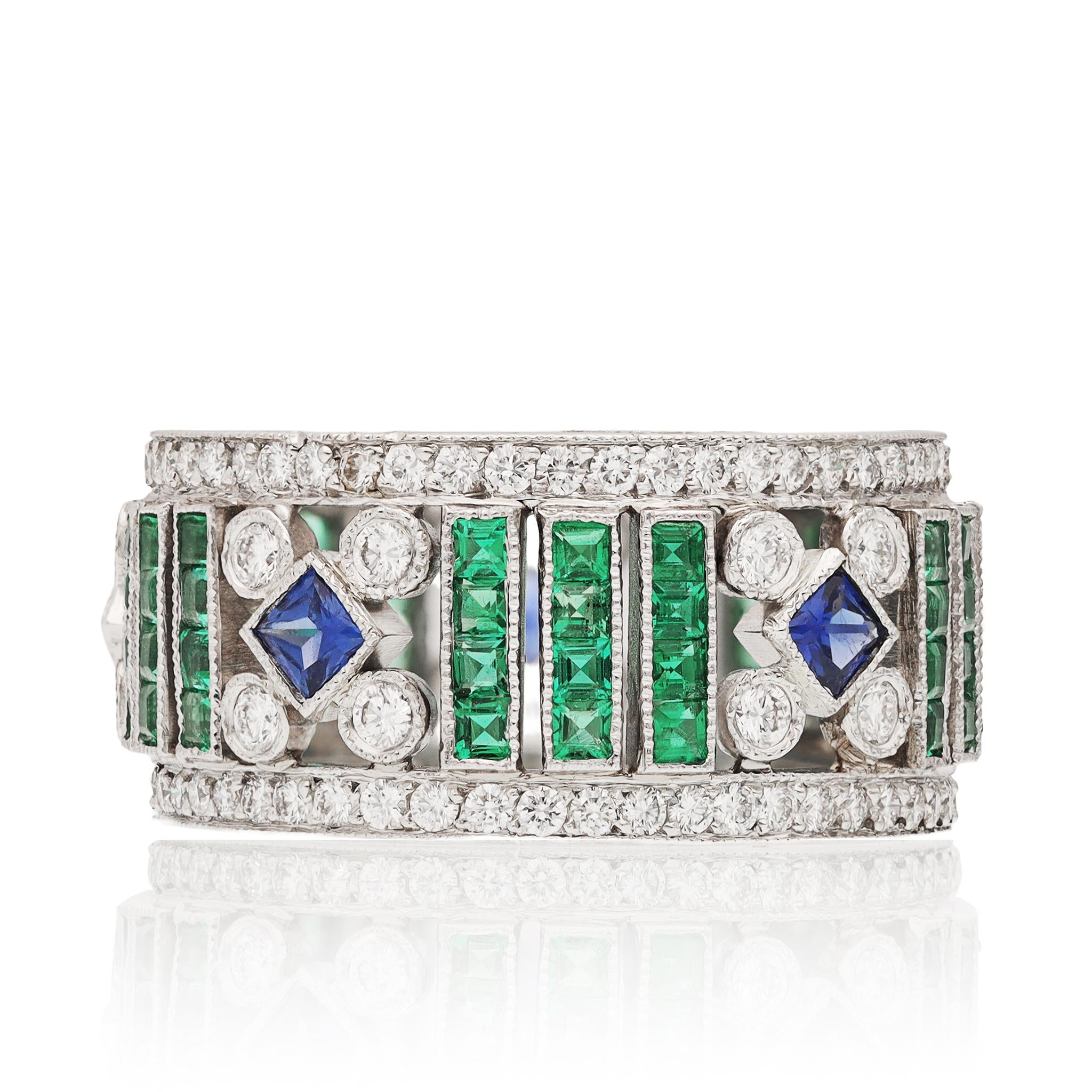Platinum, Diamond, Emerald and Sapphire Wedding Ring
