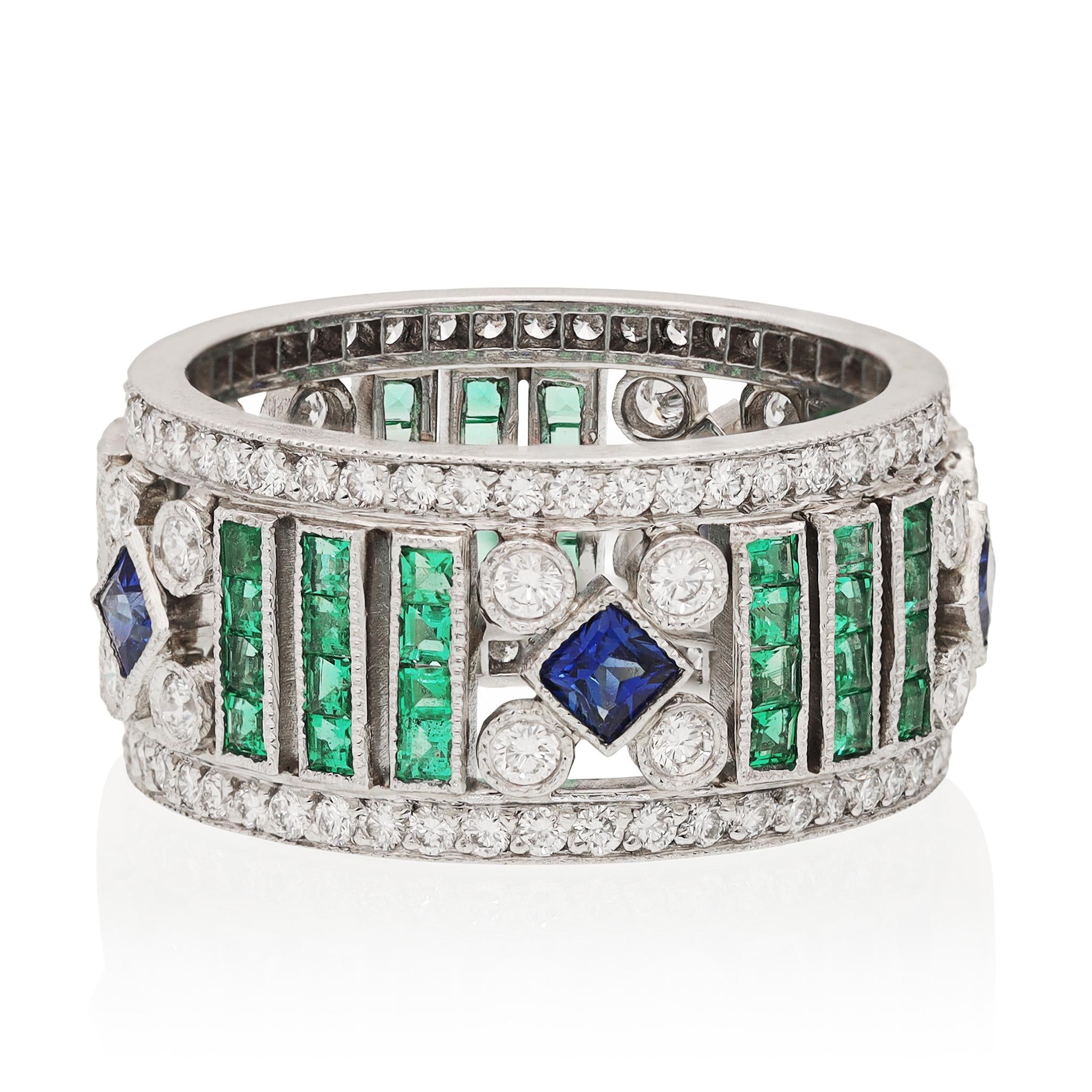 Platinum, Diamond, Emerald and Sapphire Wedding Ring