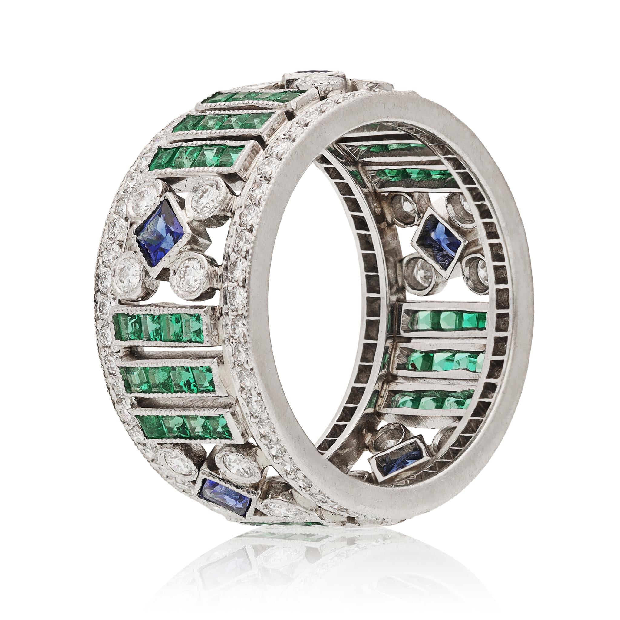 Platinum, Diamond, Emerald and Sapphire Wedding Ring