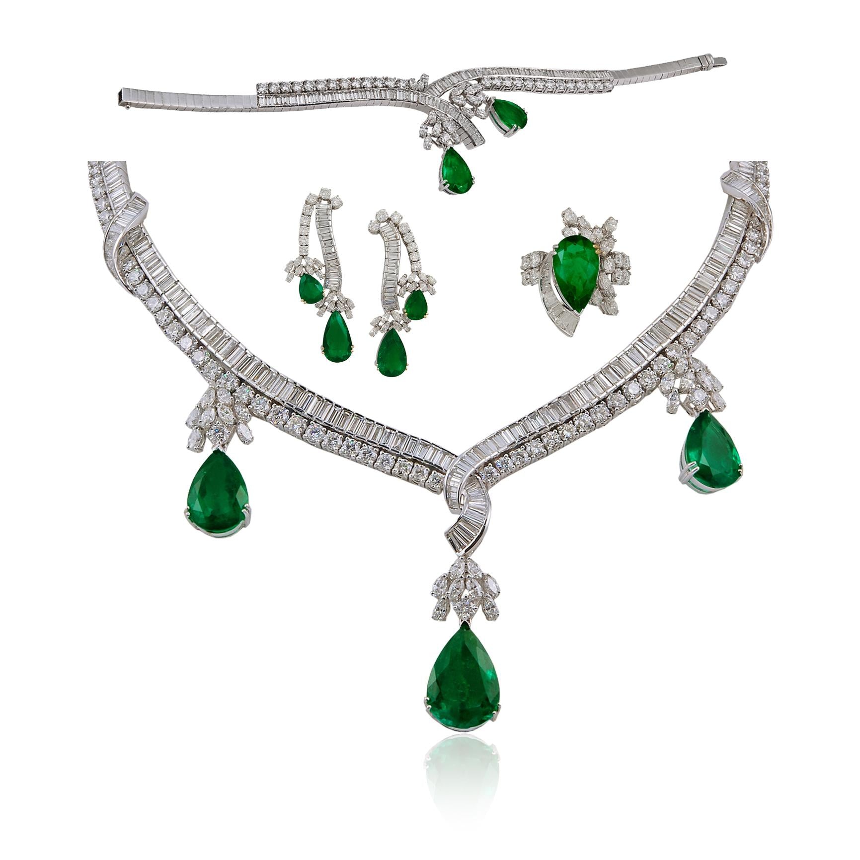18K White Gold Diamond and Emerald Necklace, Bracelet, Ear Clips, and Ring Suite