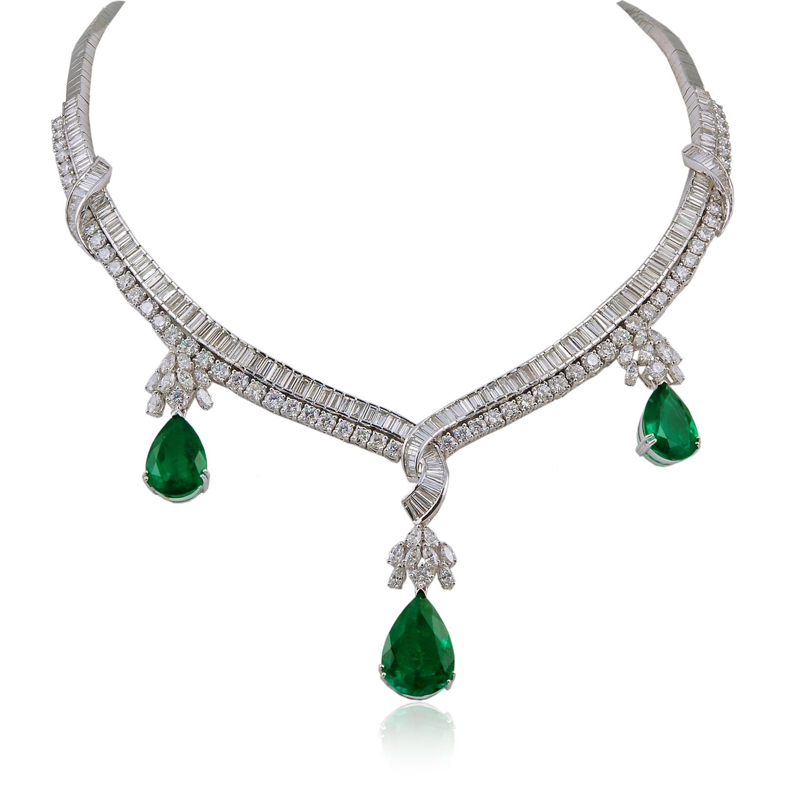 18K White Gold Diamond and Emerald Necklace, Bracelet, Ear Clips, and Ring Suite