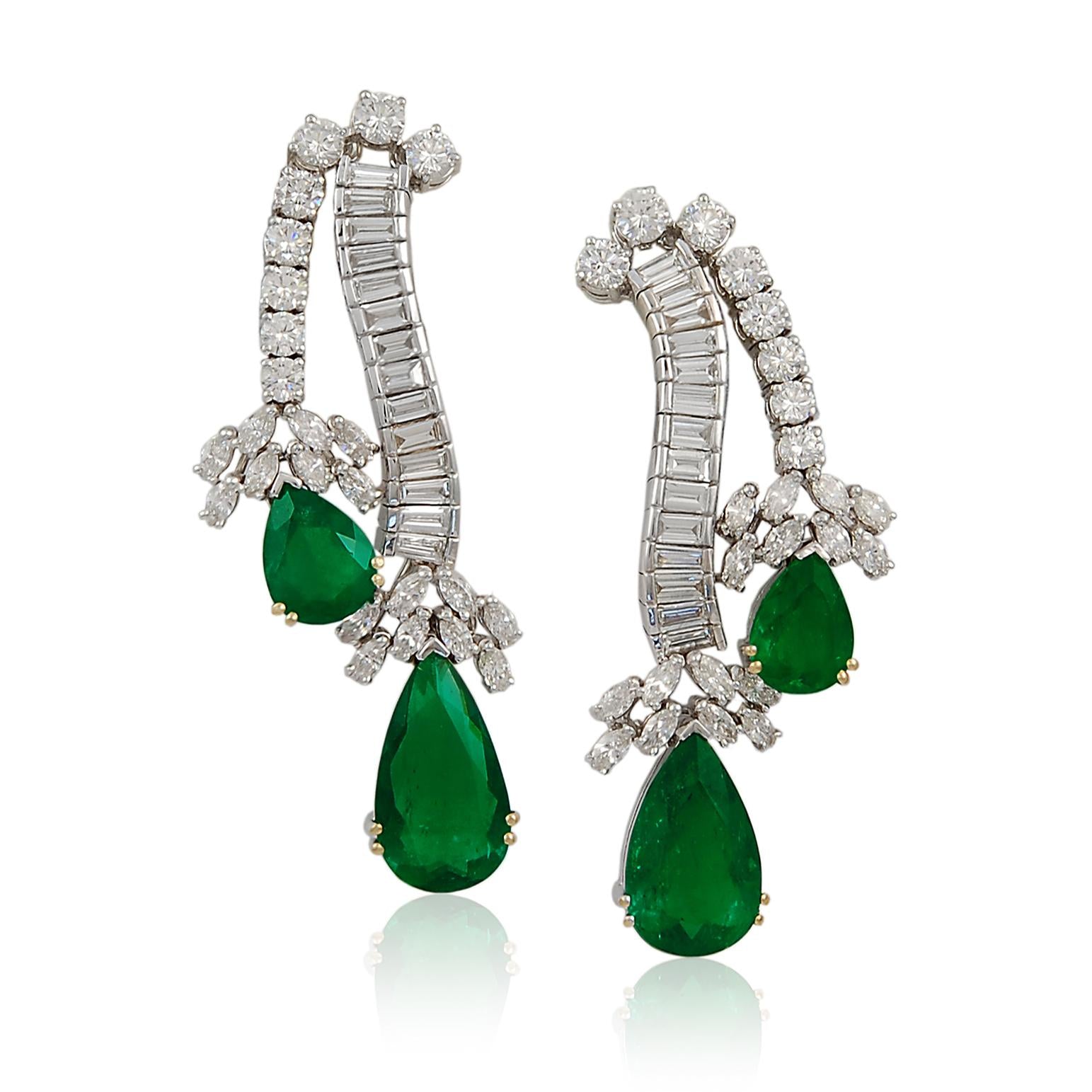18K White Gold Diamond and Emerald Necklace, Bracelet, Ear Clips, and Ring Suite