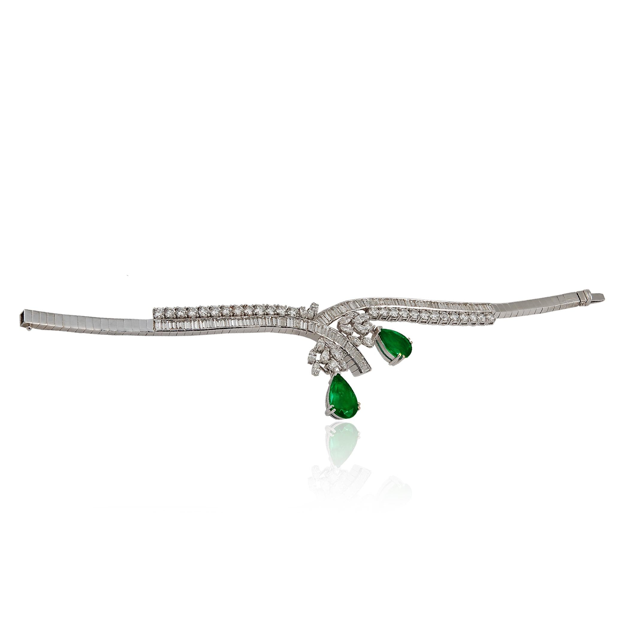 18K White Gold Diamond and Emerald Necklace, Bracelet, Ear Clips, and Ring Suite