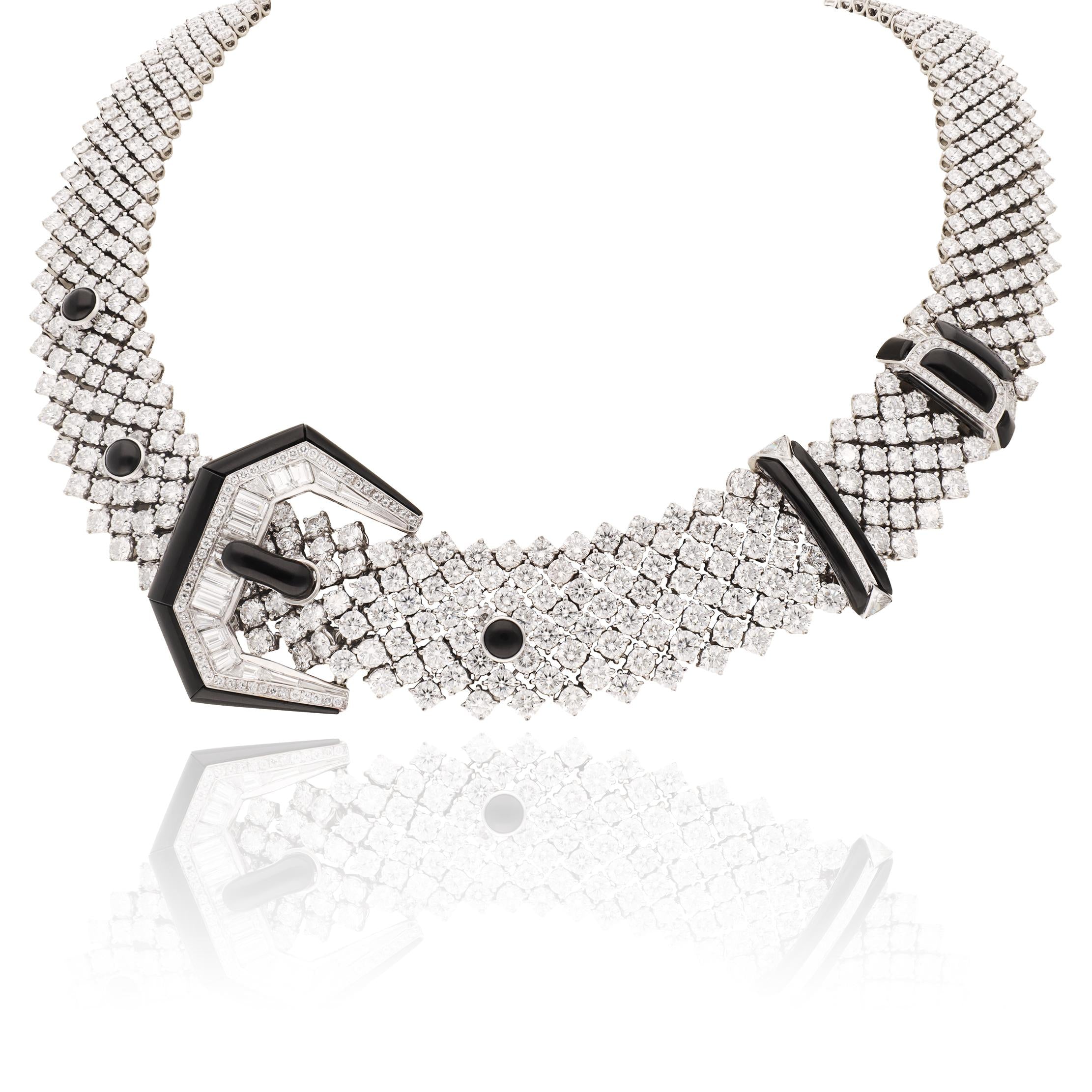 18K WHITE GOLD DIAMOND AND ONYX NECKLACE