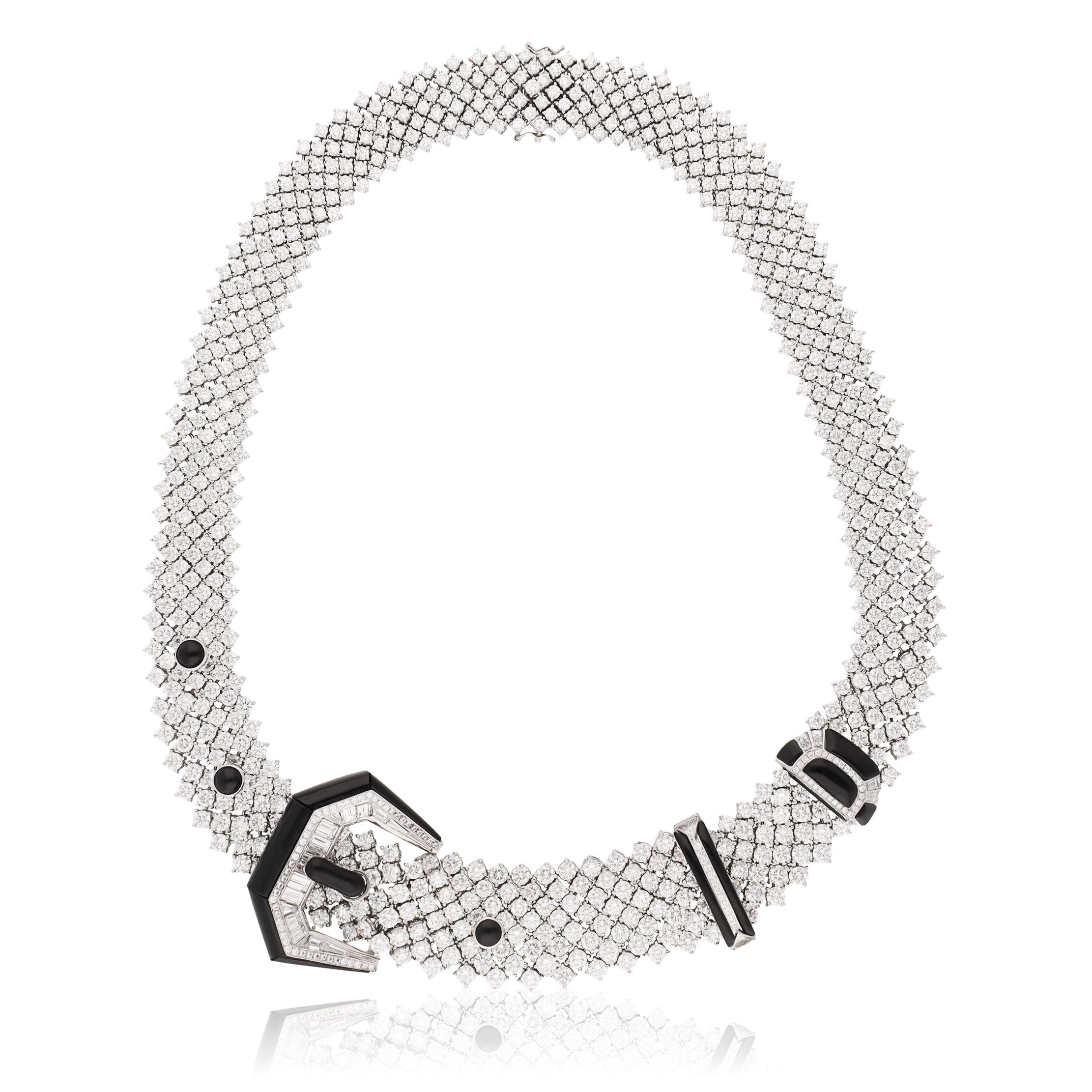 18K WHITE GOLD DIAMOND AND ONYX NECKLACE