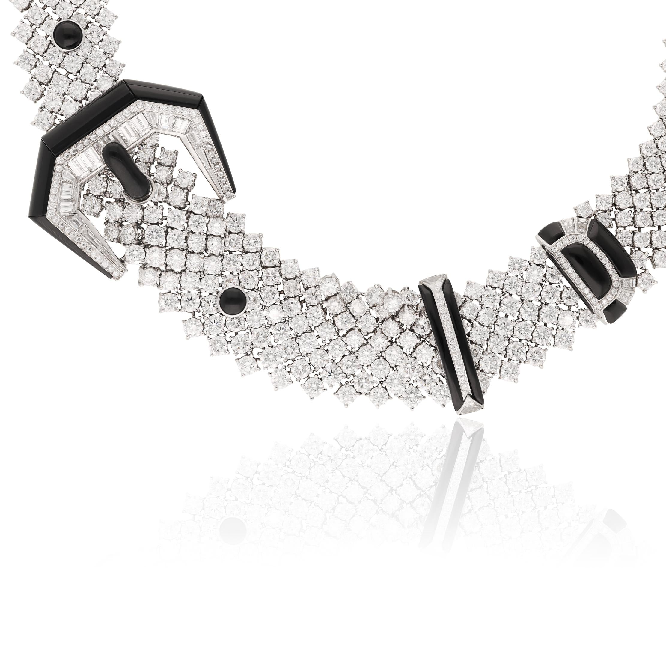 18K WHITE GOLD DIAMOND AND ONYX NECKLACE