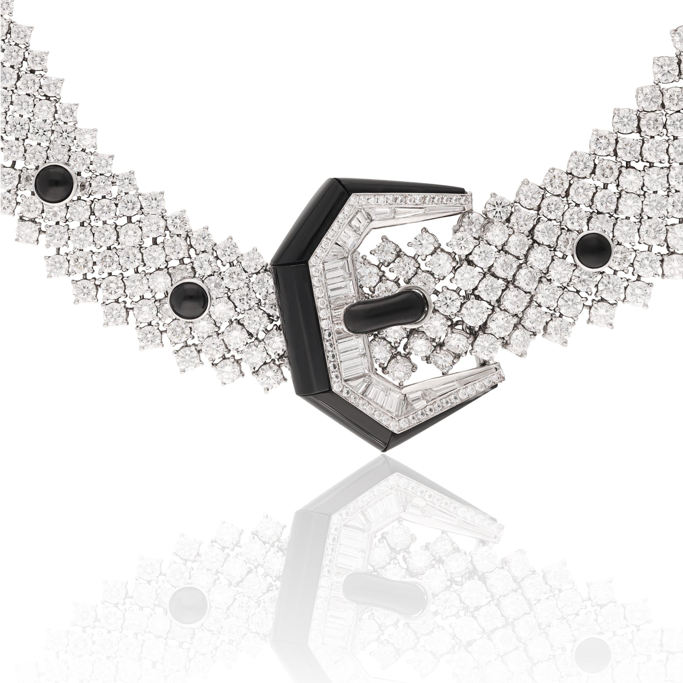 18K WHITE GOLD DIAMOND AND ONYX NECKLACE