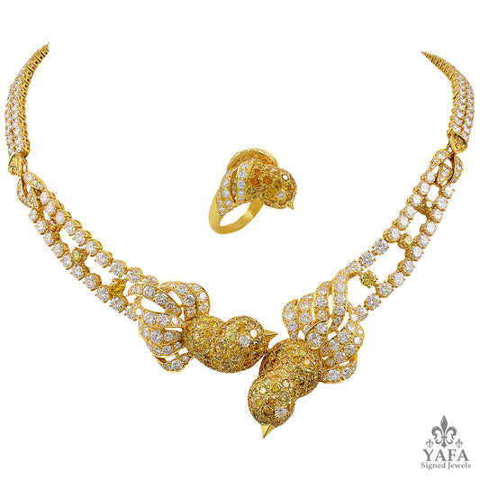 M.GERARD Fancy Yellow, White Diamond Bird Necklace Suite