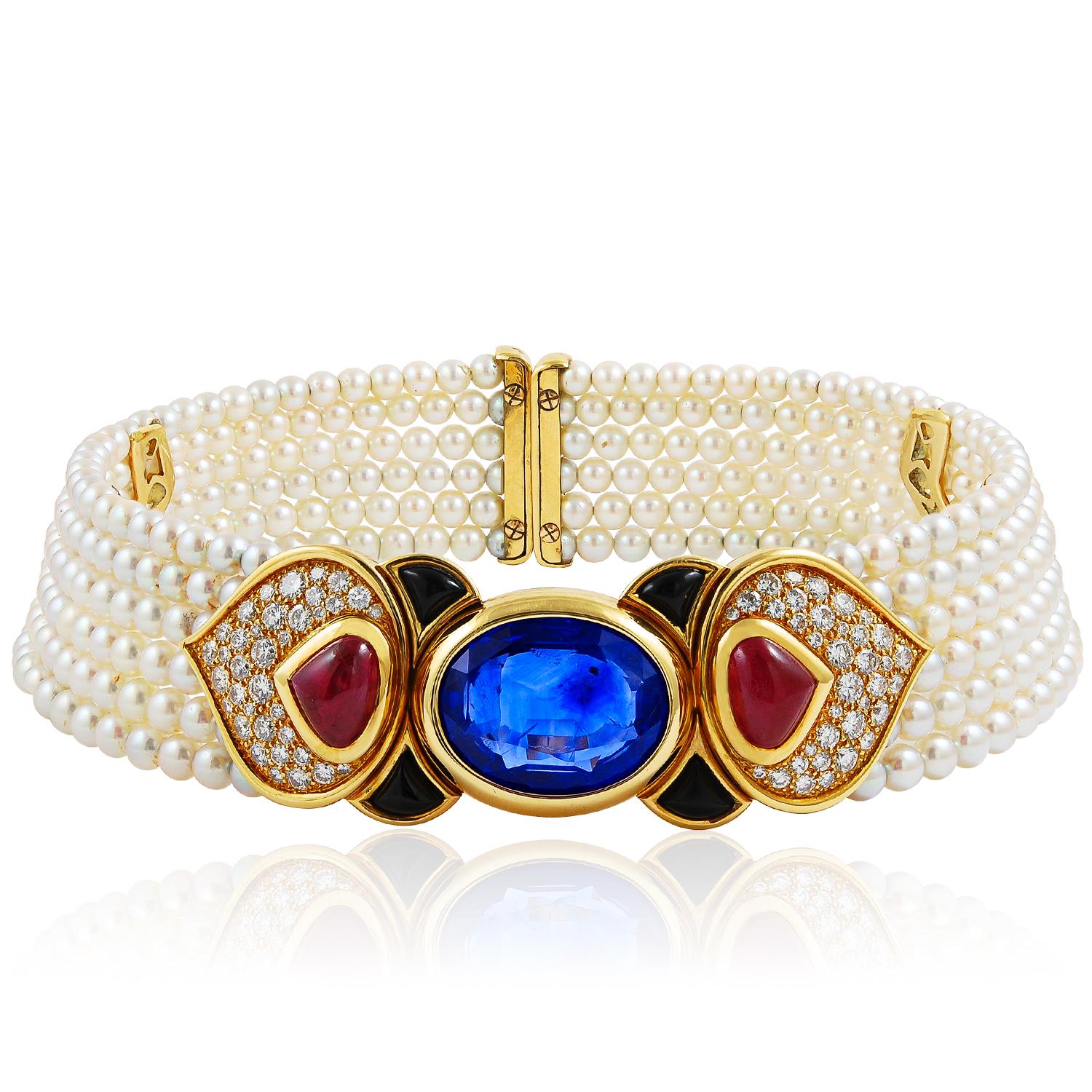 MARINA B. Pearl, Onyx, Ruby, Diamond and Ceylon Sapphire Choker Necklace