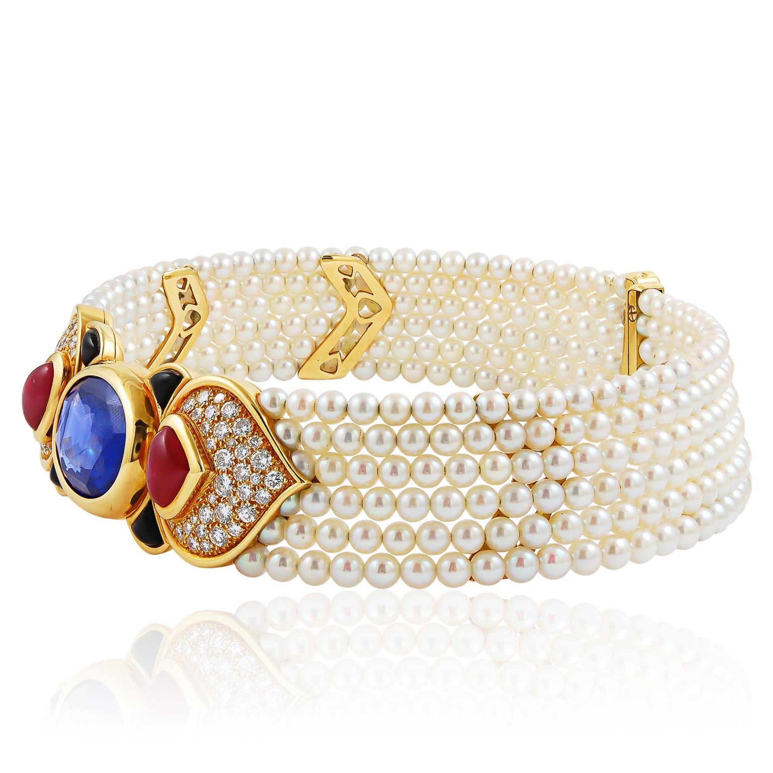 MARINA B. Pearl, Onyx, Ruby, Diamond and Ceylon Sapphire Choker Necklace