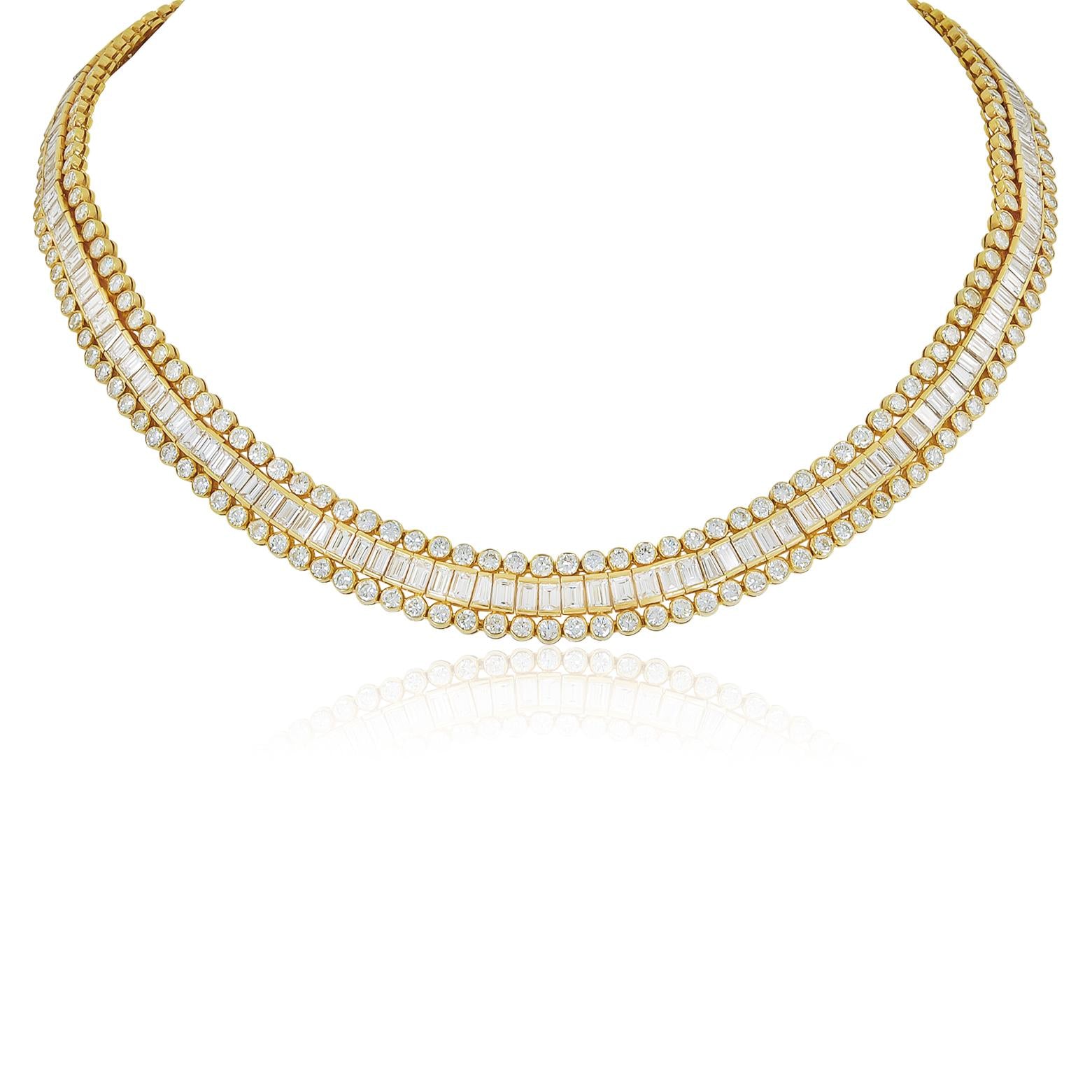 CARTIER 18K Yellow Gold Baguette and Round Diamond Riviere Necklace