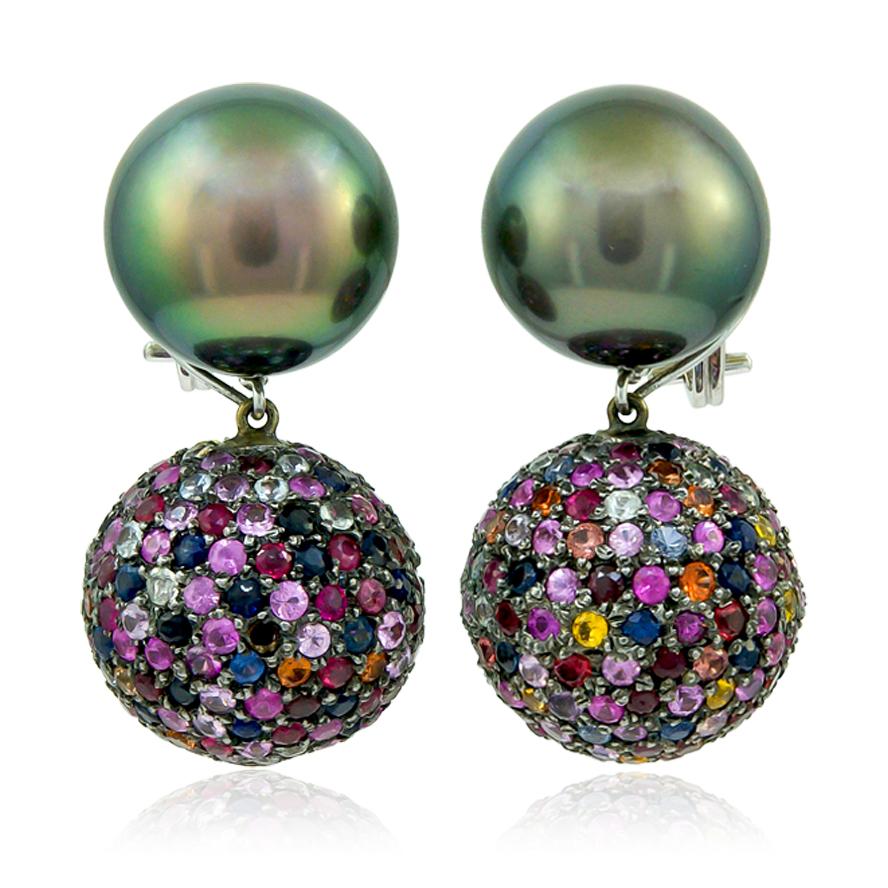 HAUME 18K White Gold Diamond Multi-Color Sapphire And Pearl Necklace And Earring