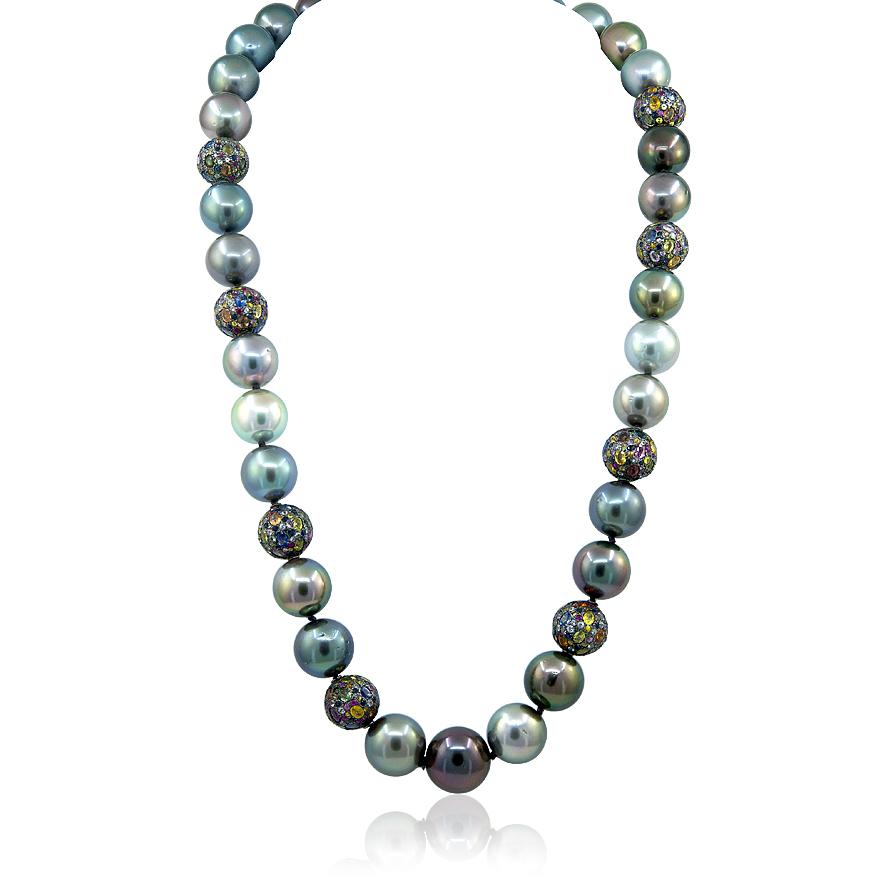 HAUME 18K White Gold Diamond Multi-Color Sapphire And Pearl Necklace And Earring