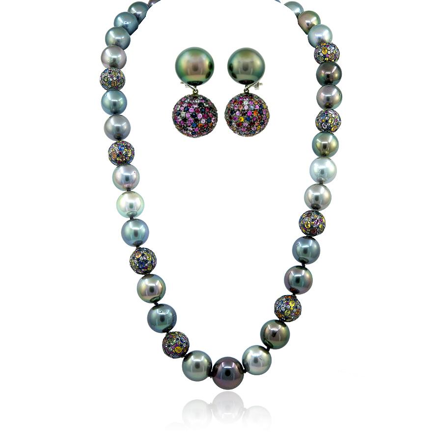 HAUME 18K White Gold Diamond Multi-Color Sapphire And Pearl Necklace And Earring