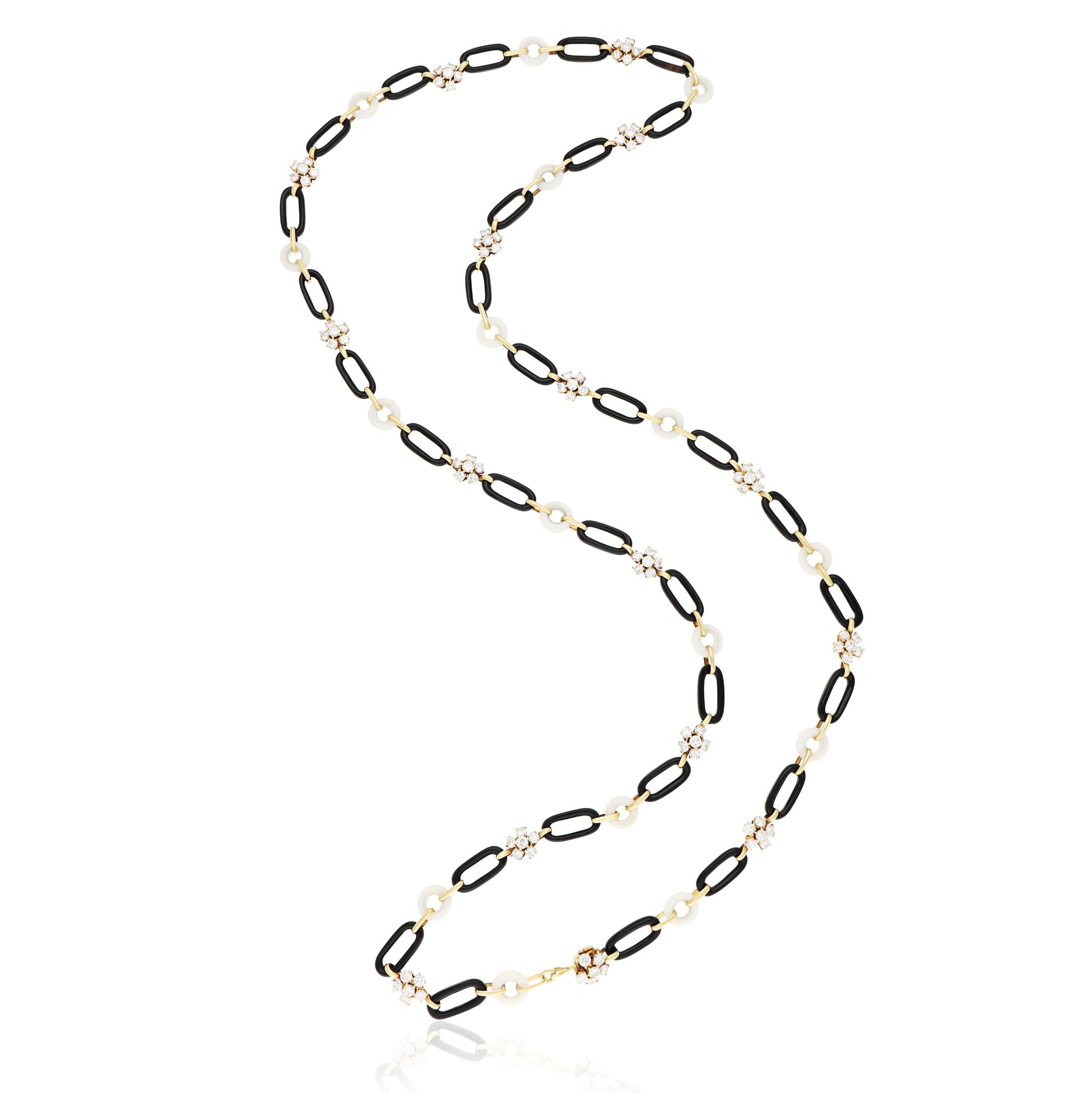 VAN CLEEF & ARPELS Diamond Flower, Onyx and White Coral Link Necklace