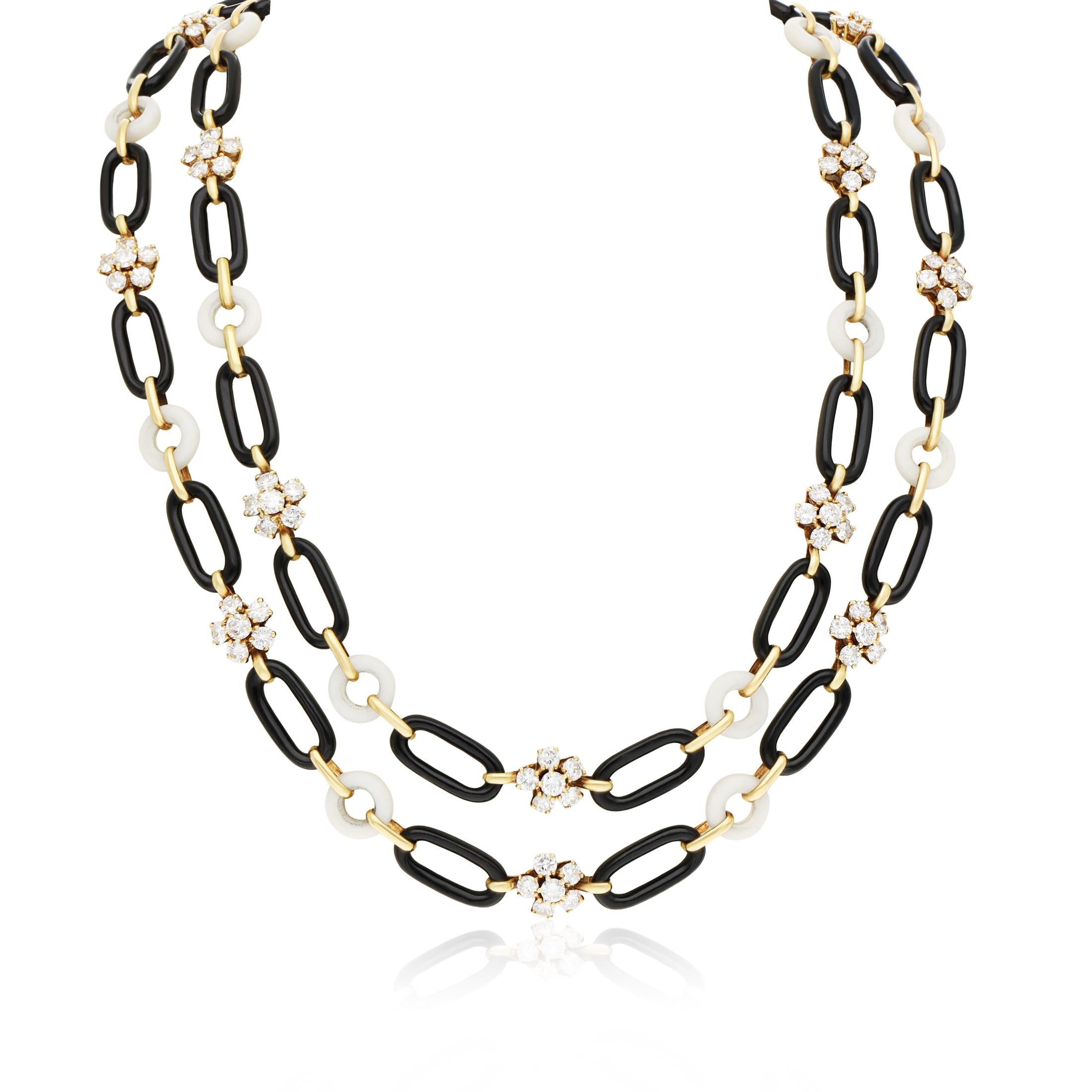VAN CLEEF & ARPELS Diamond Flower, Onyx and White Coral Link Necklace
