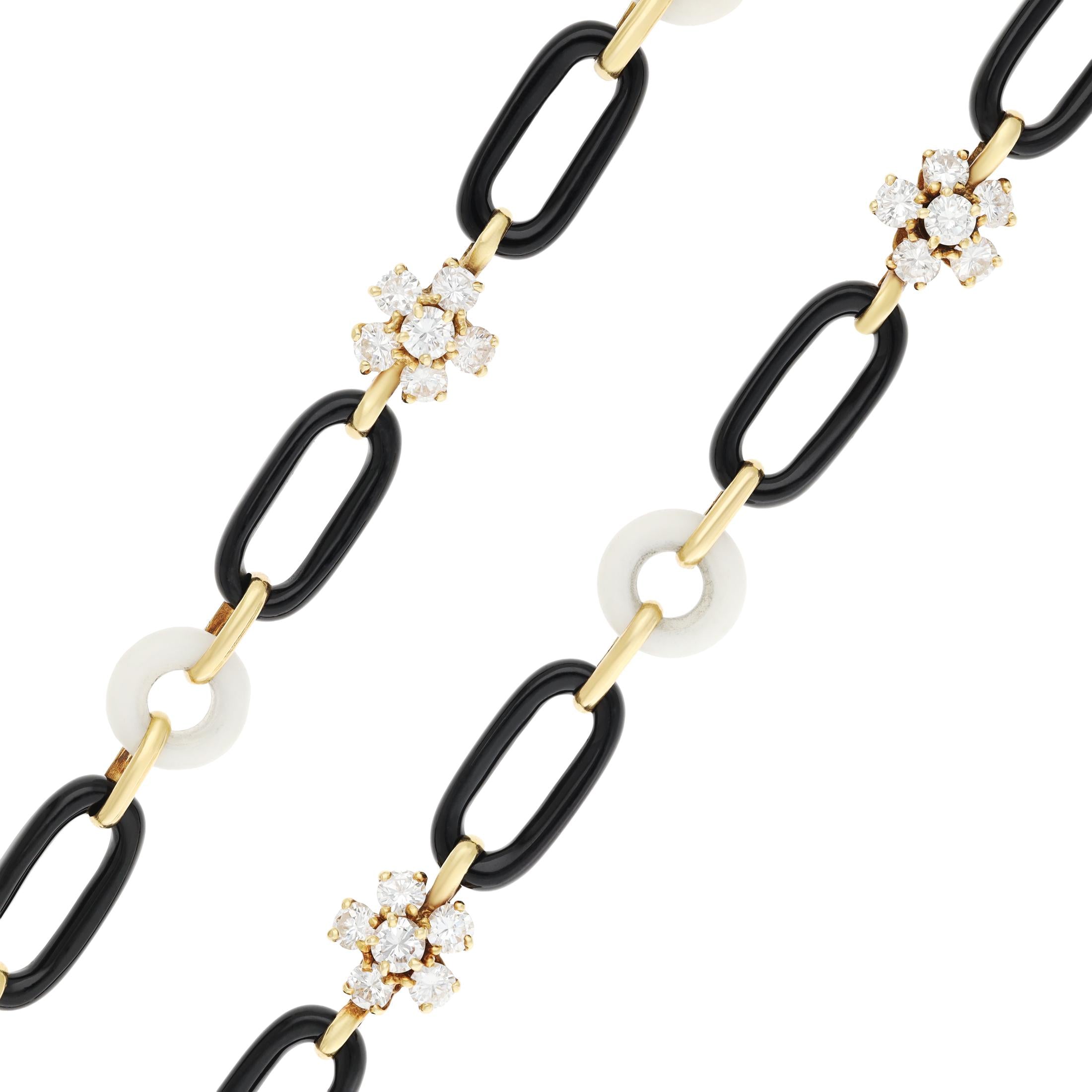 VAN CLEEF & ARPELS Diamond Flower, Onyx and White Coral Link Necklace
