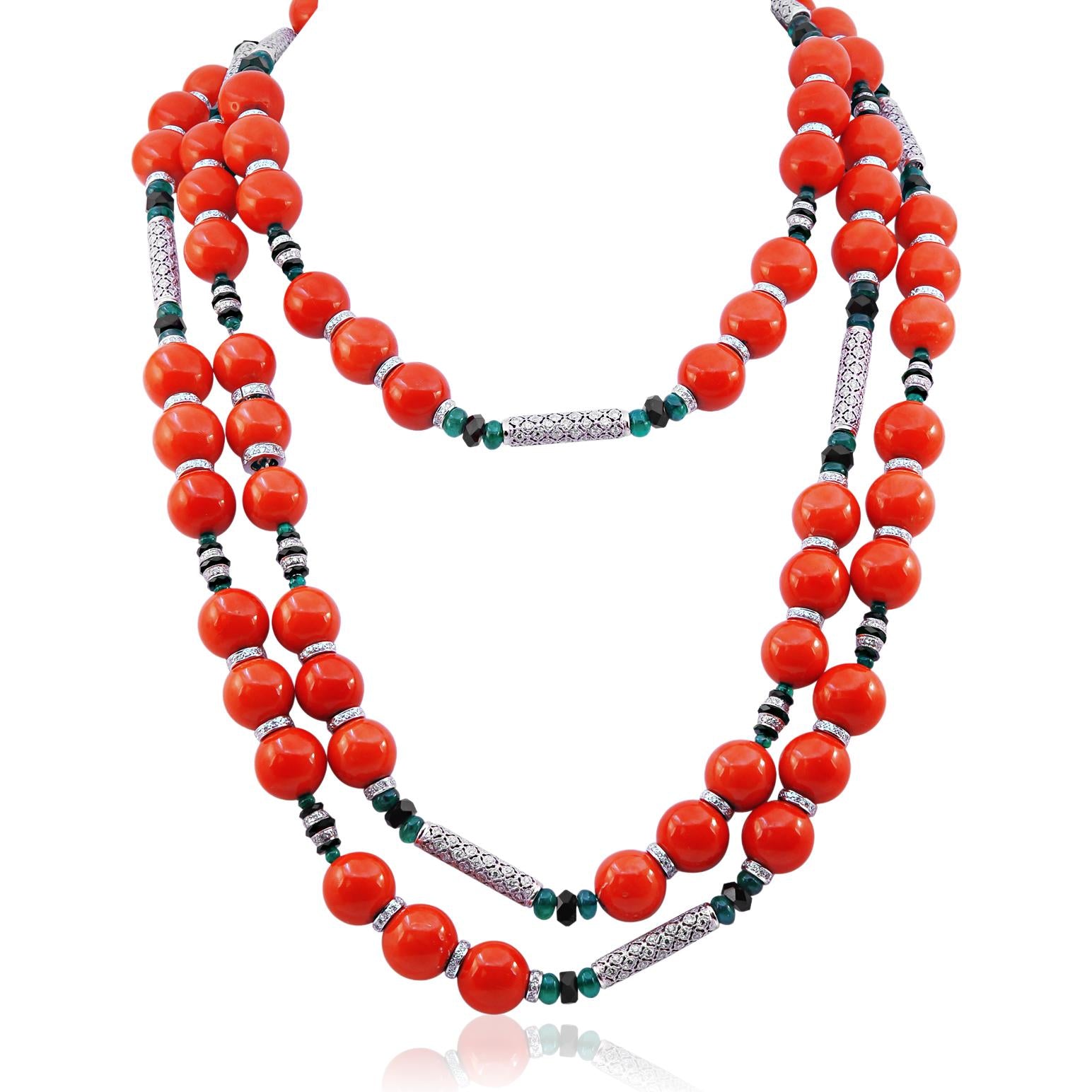 18K White Gold 2 Strand Coral, Emerald, Onyx and Diamond Long Necklace