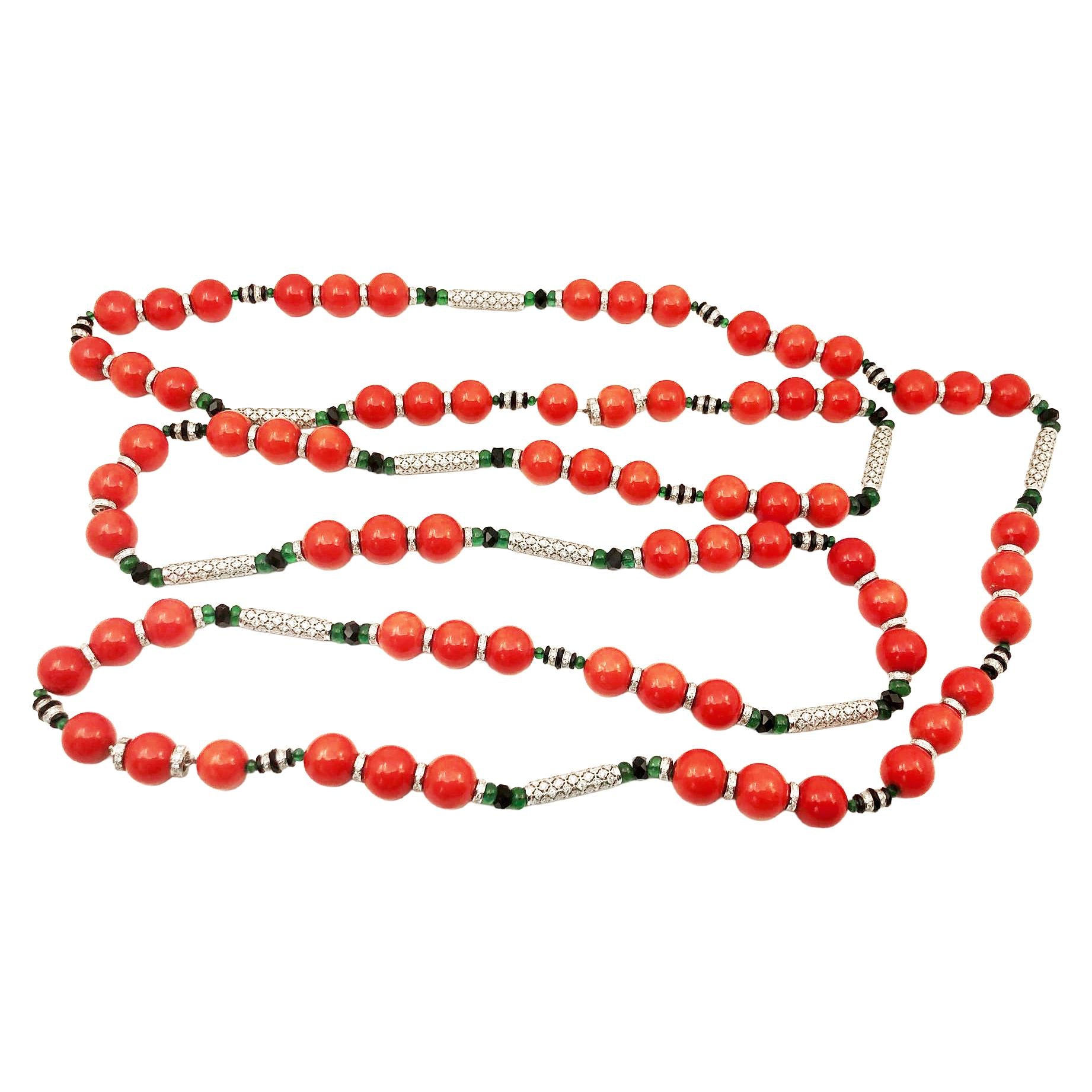 18K White Gold 2 Strand Coral, Emerald, Onyx and Diamond Long Necklace