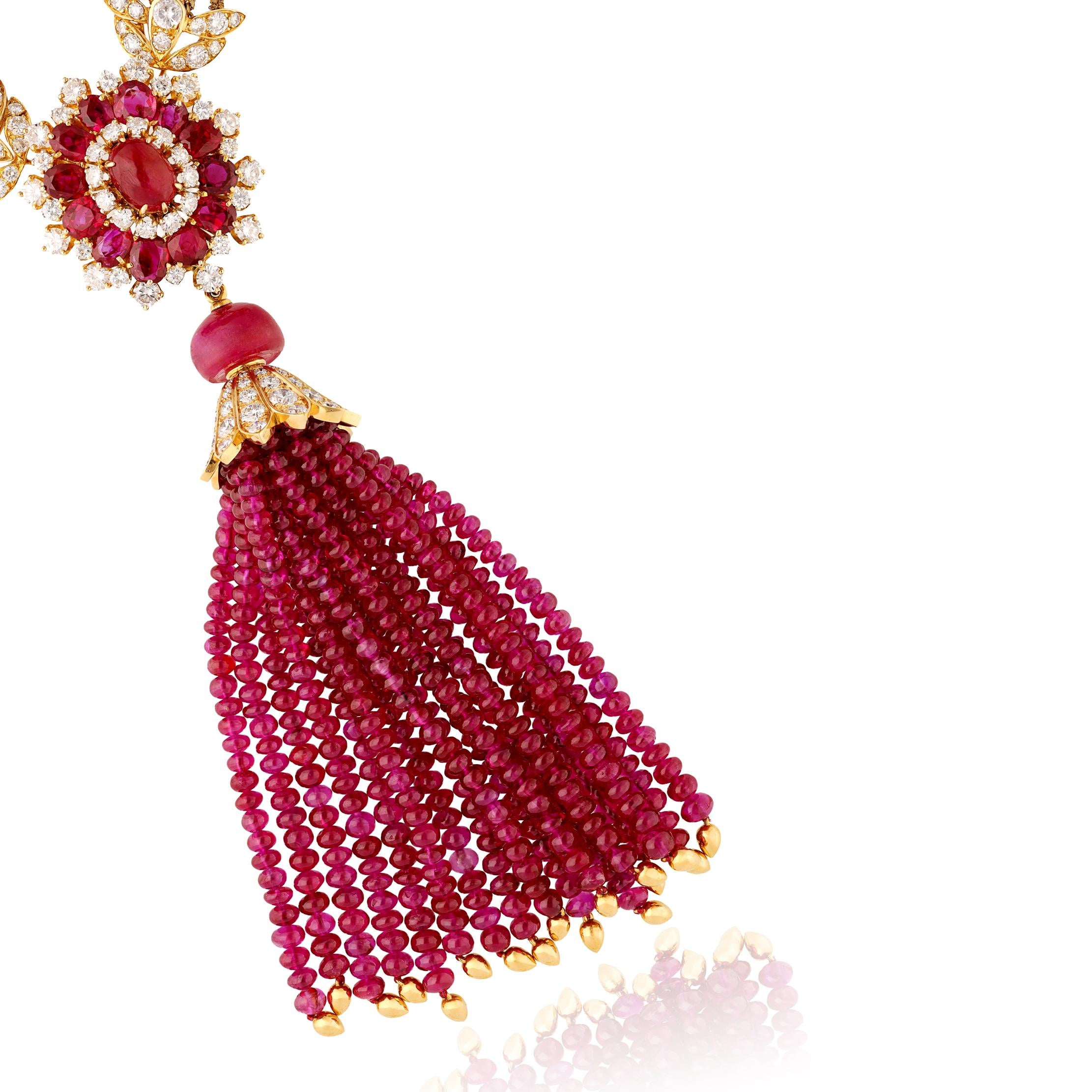 VAN CLEEF & ARPELS Burma No-Heat Ruby Bead and Diamond Tassel Necklace