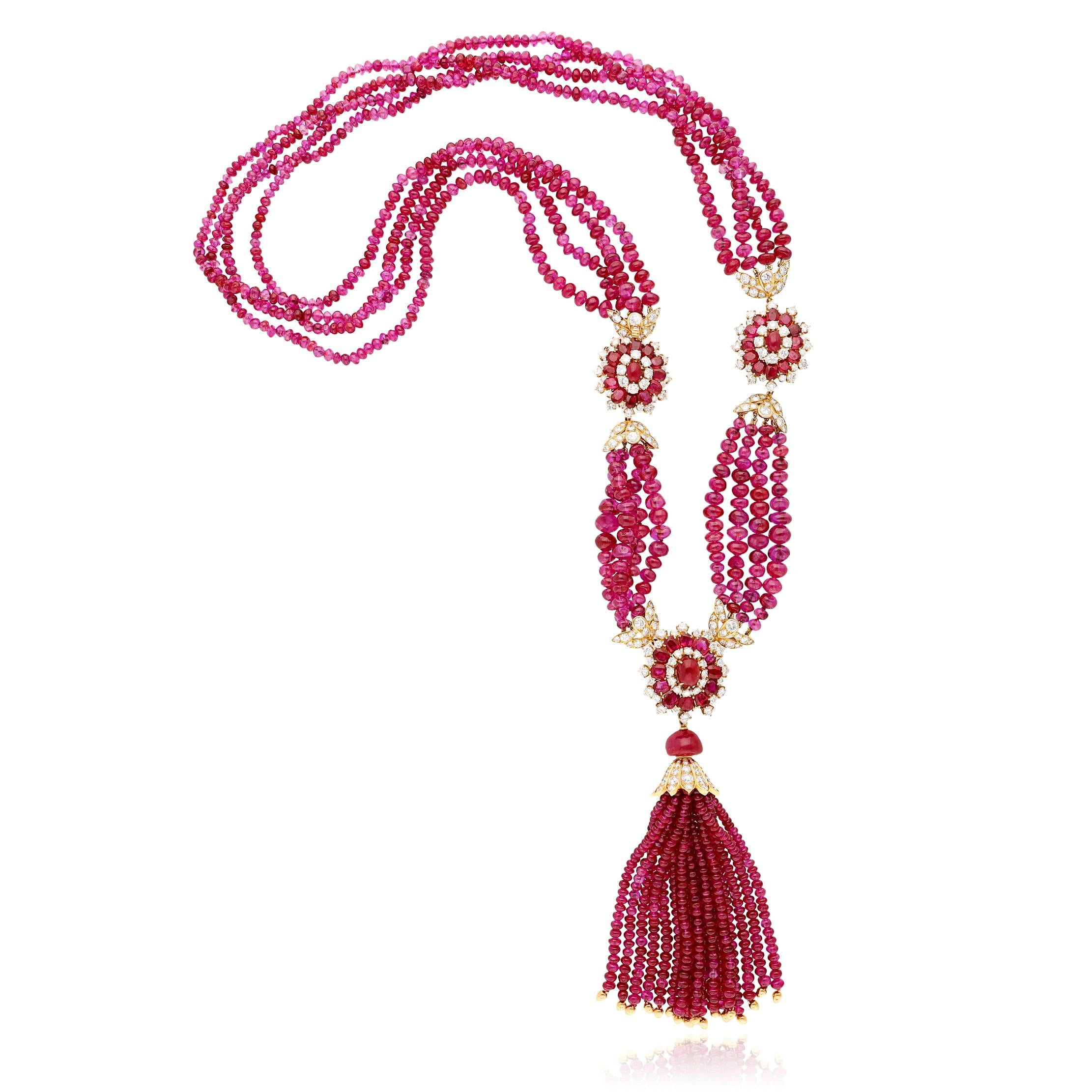 VAN CLEEF & ARPELS Burma No-Heat Ruby Bead and Diamond Tassel Necklace