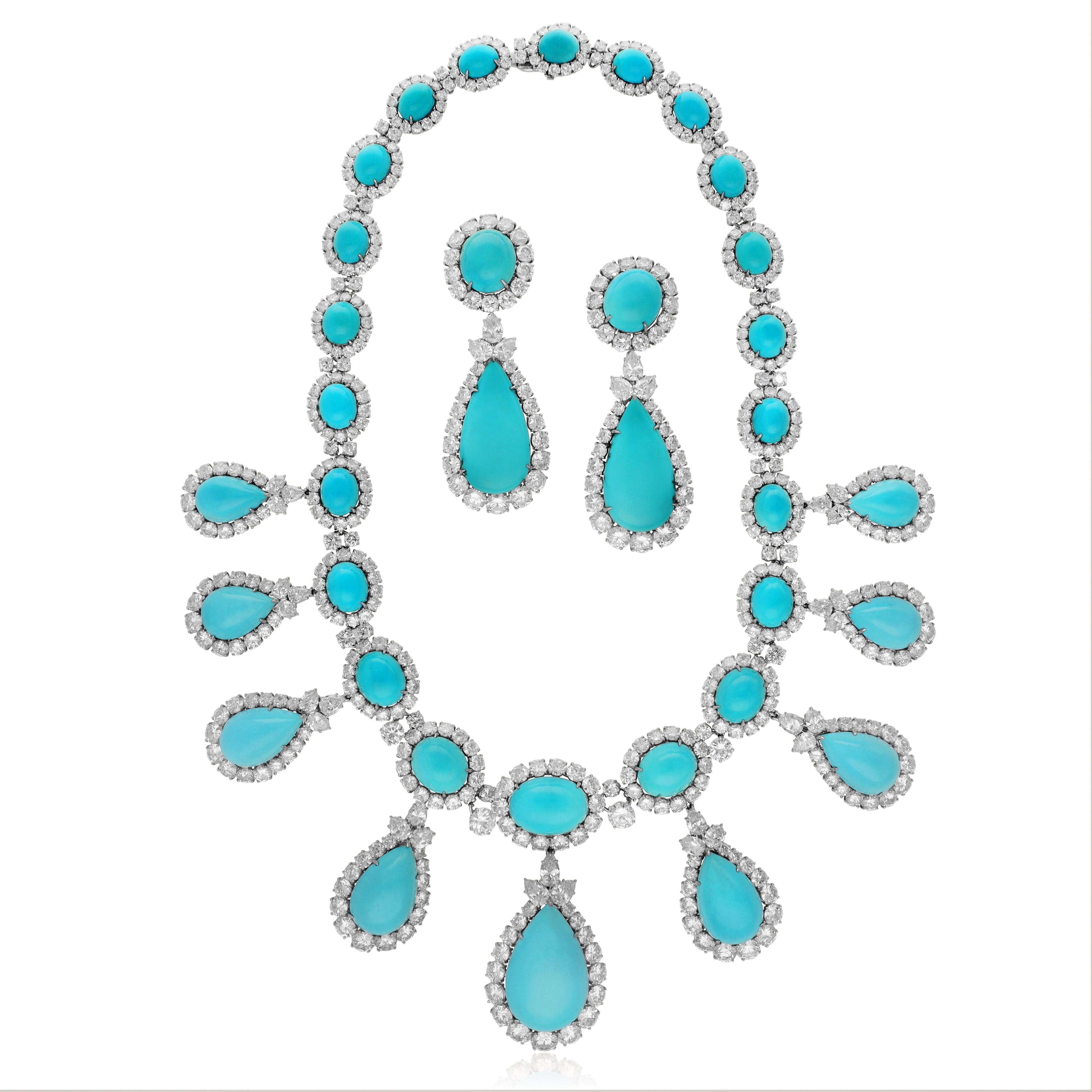 HARRY WINSTON Turquoise and Diamond Necklace and Ear Clips