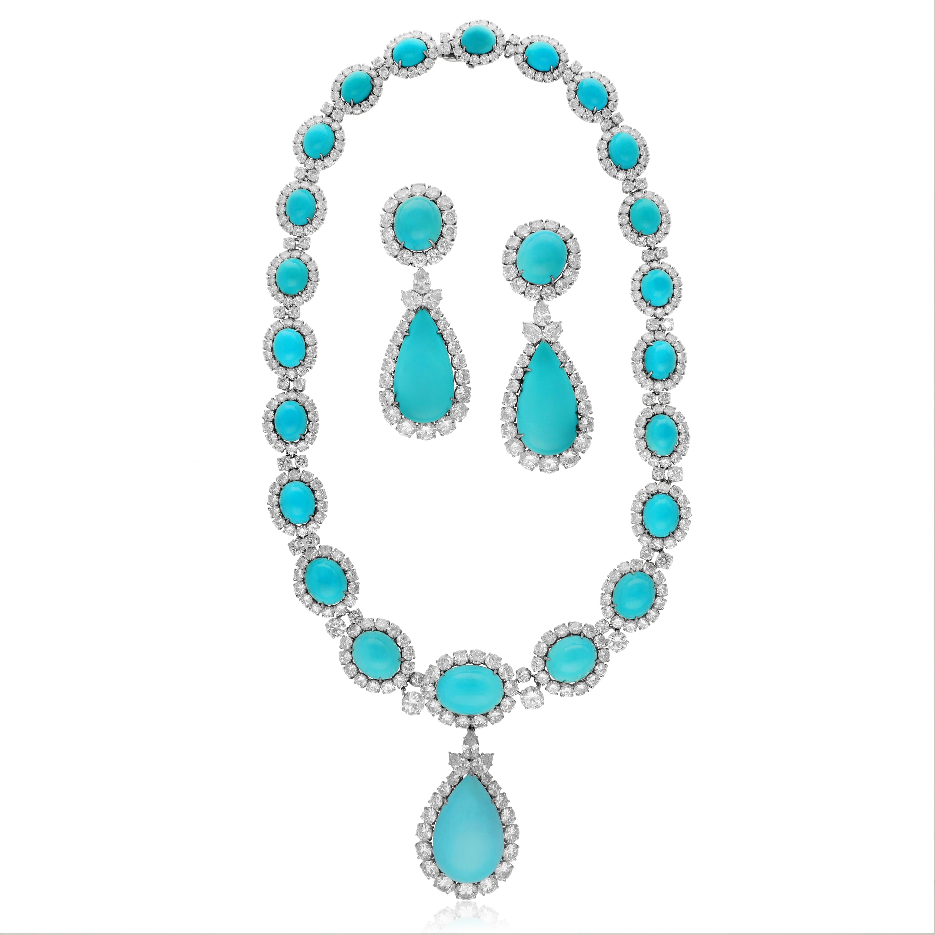 HARRY WINSTON Turquoise and Diamond Necklace and Ear Clips