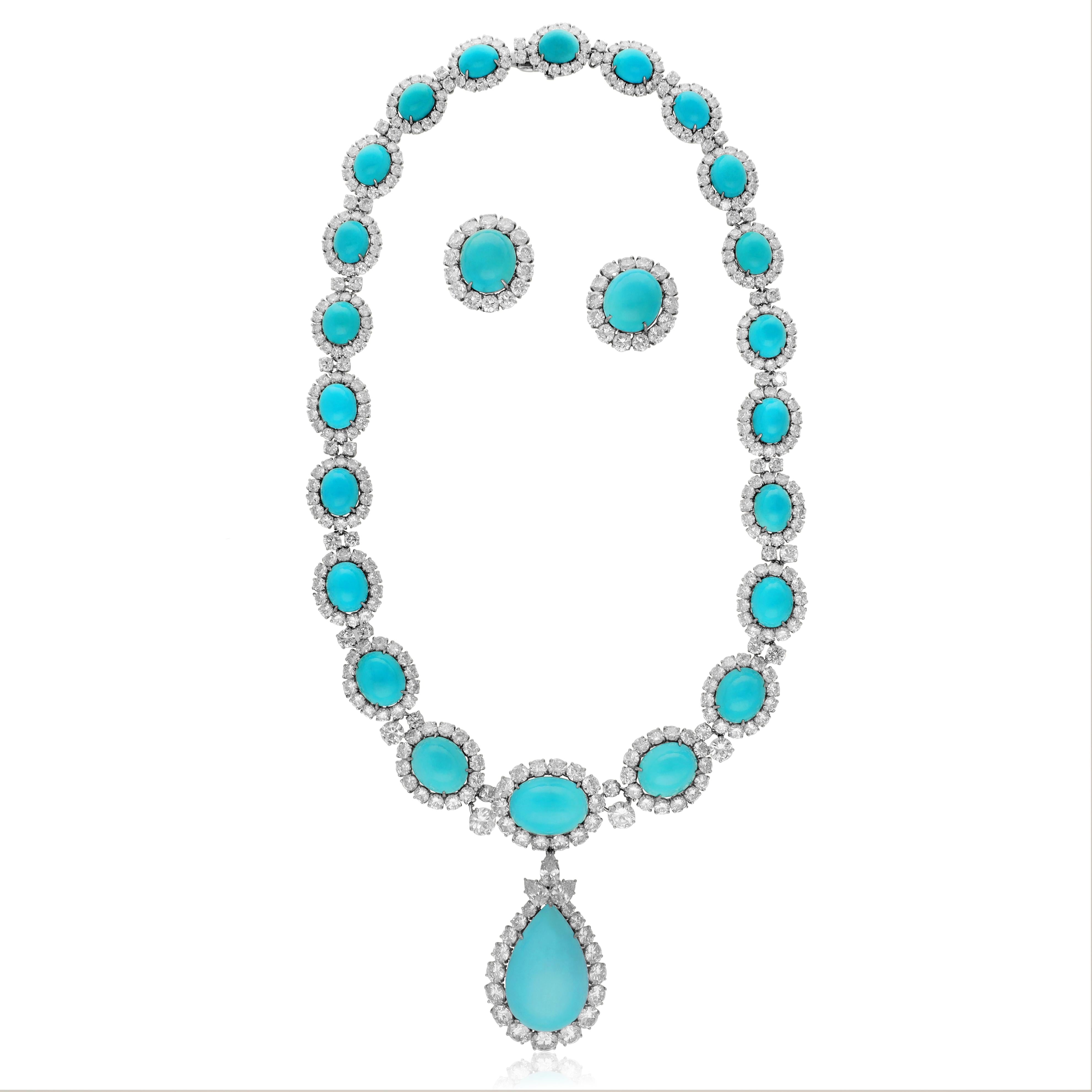 HARRY WINSTON Turquoise and Diamond Necklace and Ear Clips