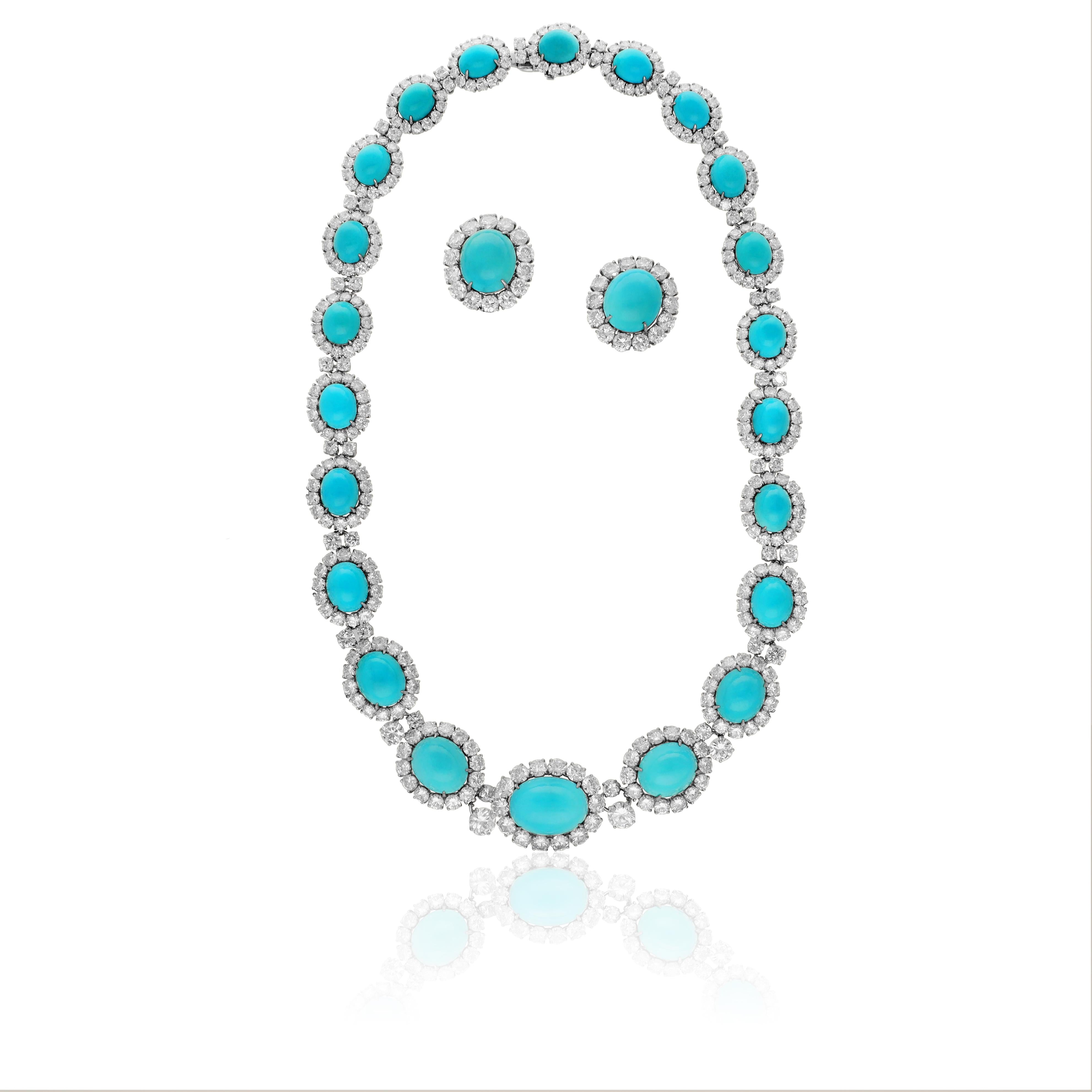 HARRY WINSTON Turquoise and Diamond Necklace and Ear Clips