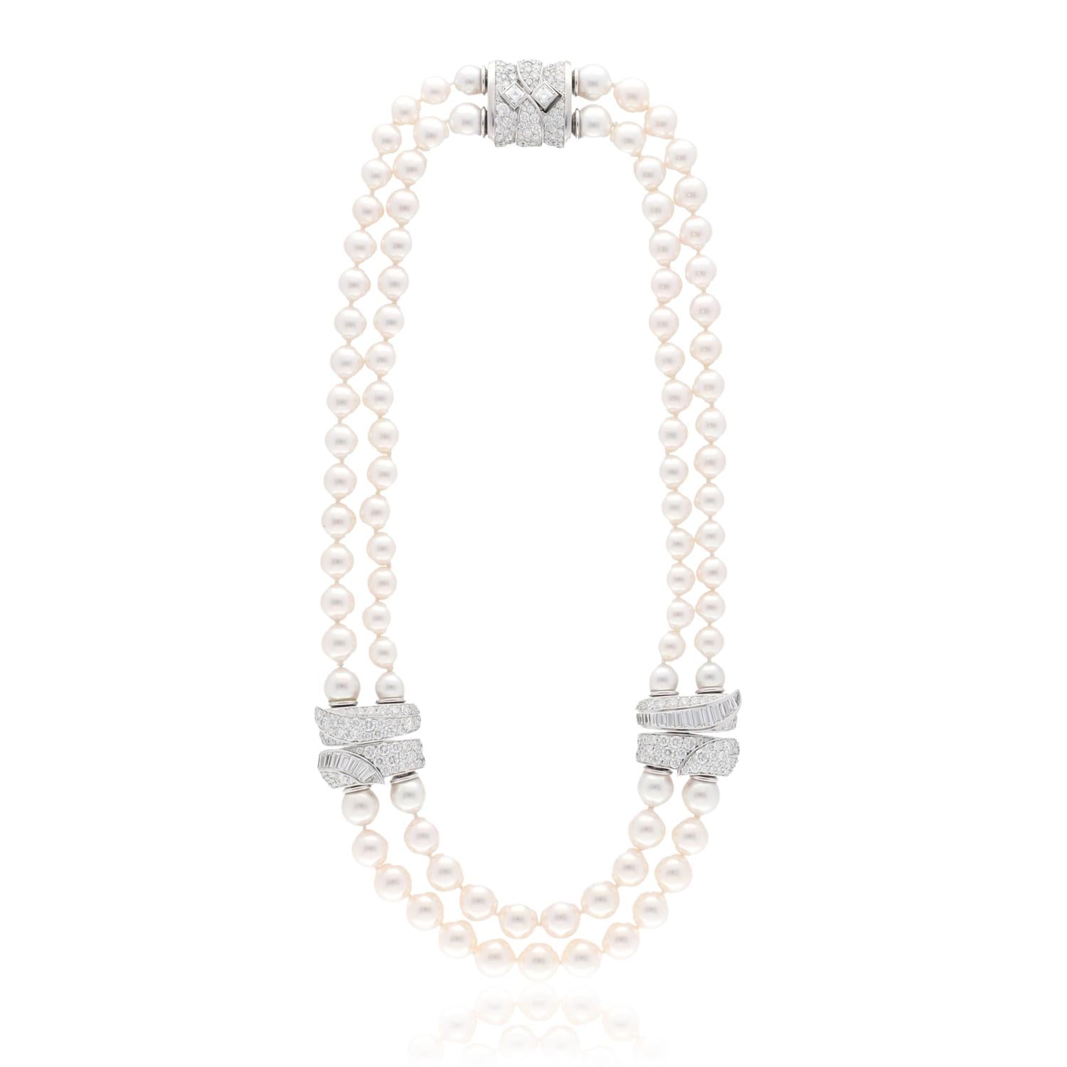 Van Cleef & Arpels 2 - Row Pearl Necklace with 3 - Diamond Barrel Clasps