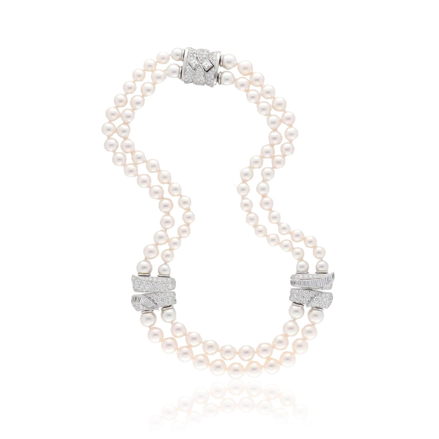 Van Cleef & Arpels 2 - Row Pearl Necklace with 3 - Diamond Barrel Clasps