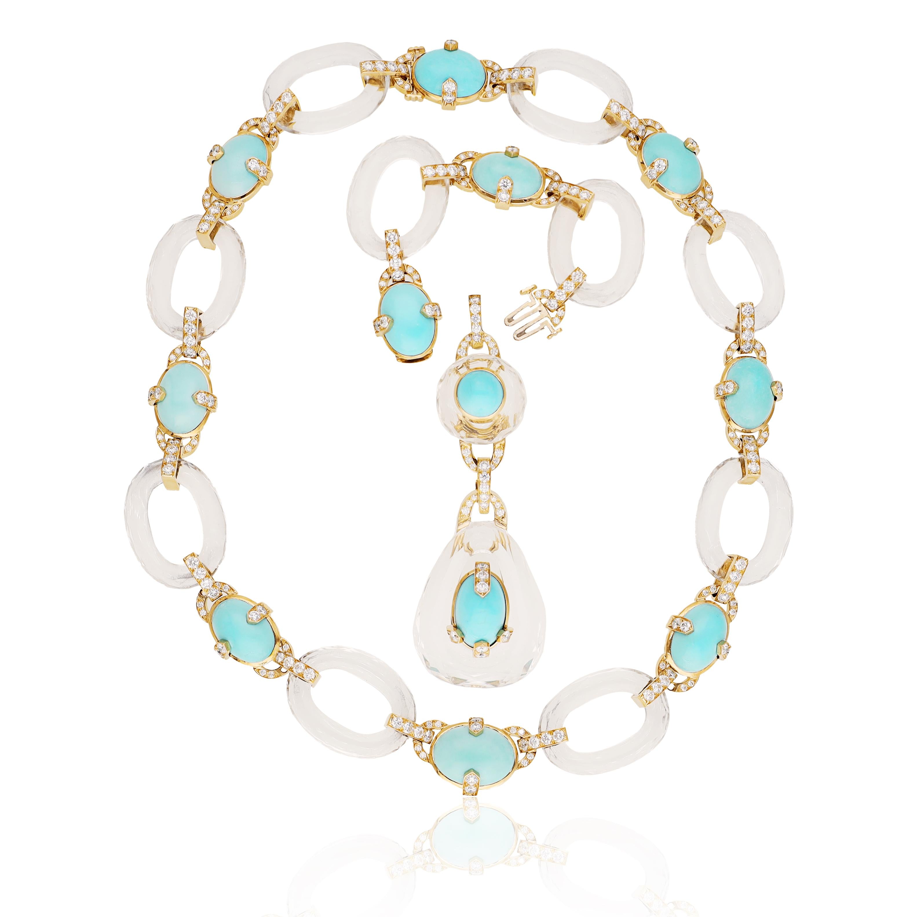 DAVID WEBB Cabochon Turquoise, Rock Crystal, and Diamond “Gala” Necklace