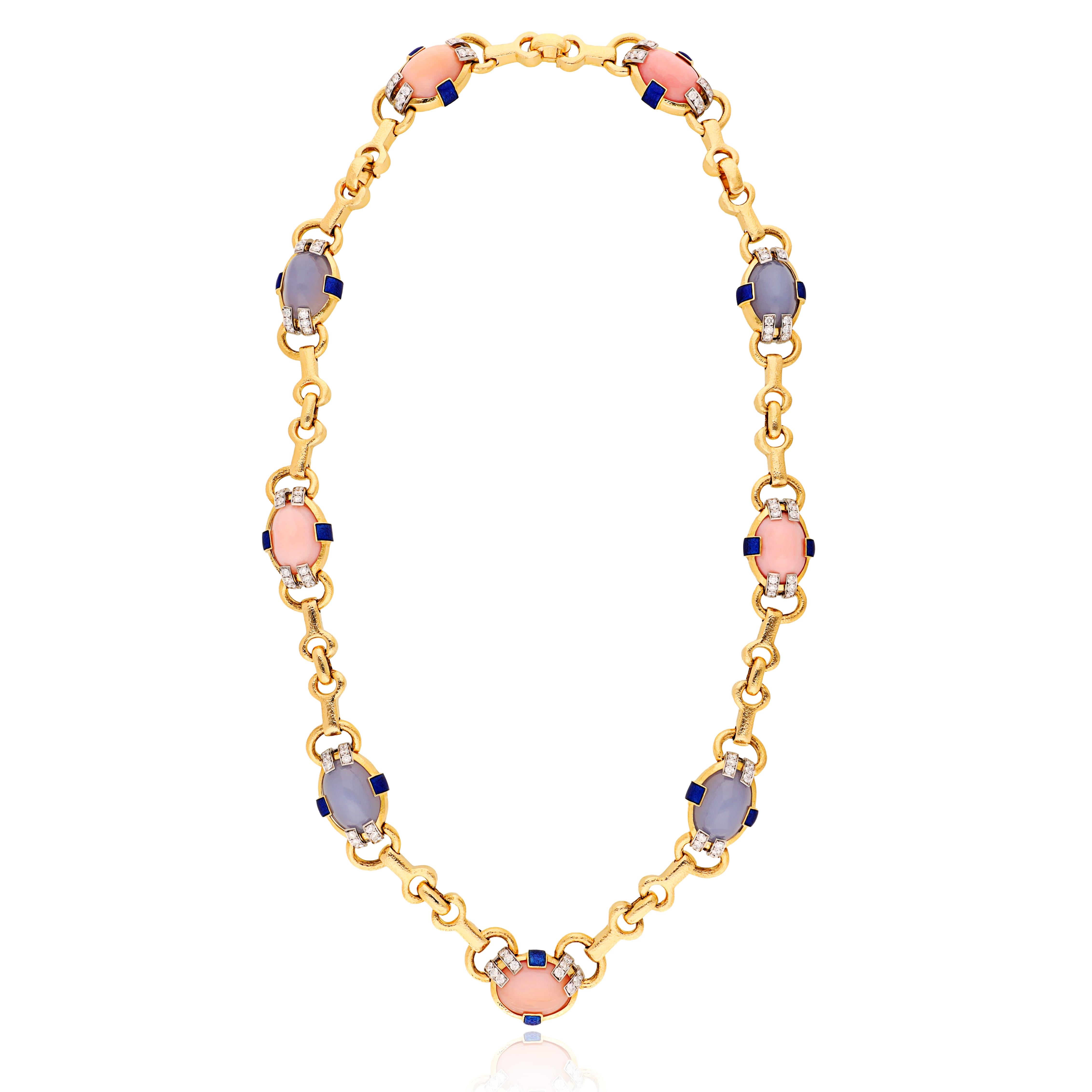 DAVID WEBB Blue Chalcedony, Pink Opal and Diamond Necklace, Pendent and Bracelet