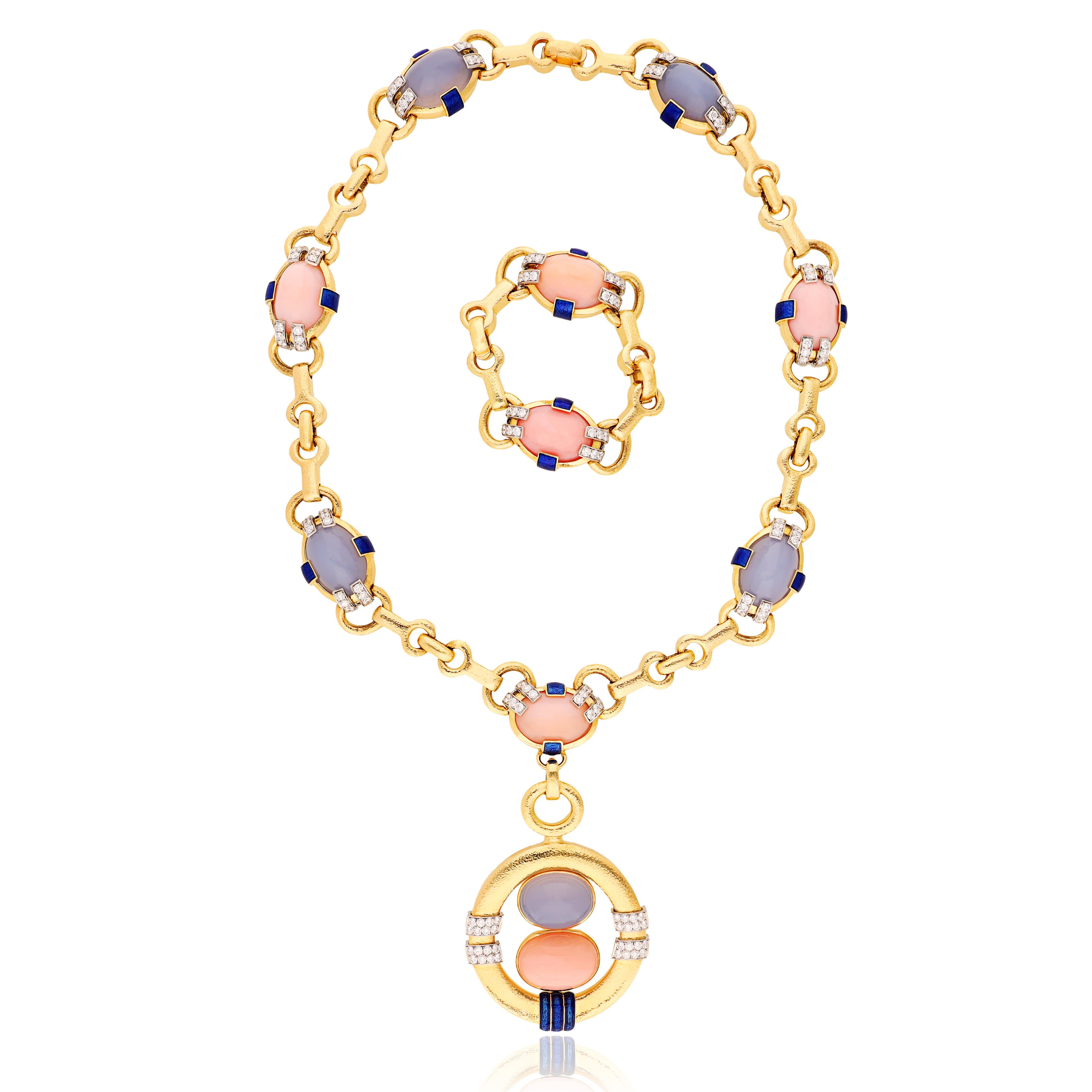DAVID WEBB Blue Chalcedony, Pink Opal and Diamond Necklace, Pendent and Bracelet