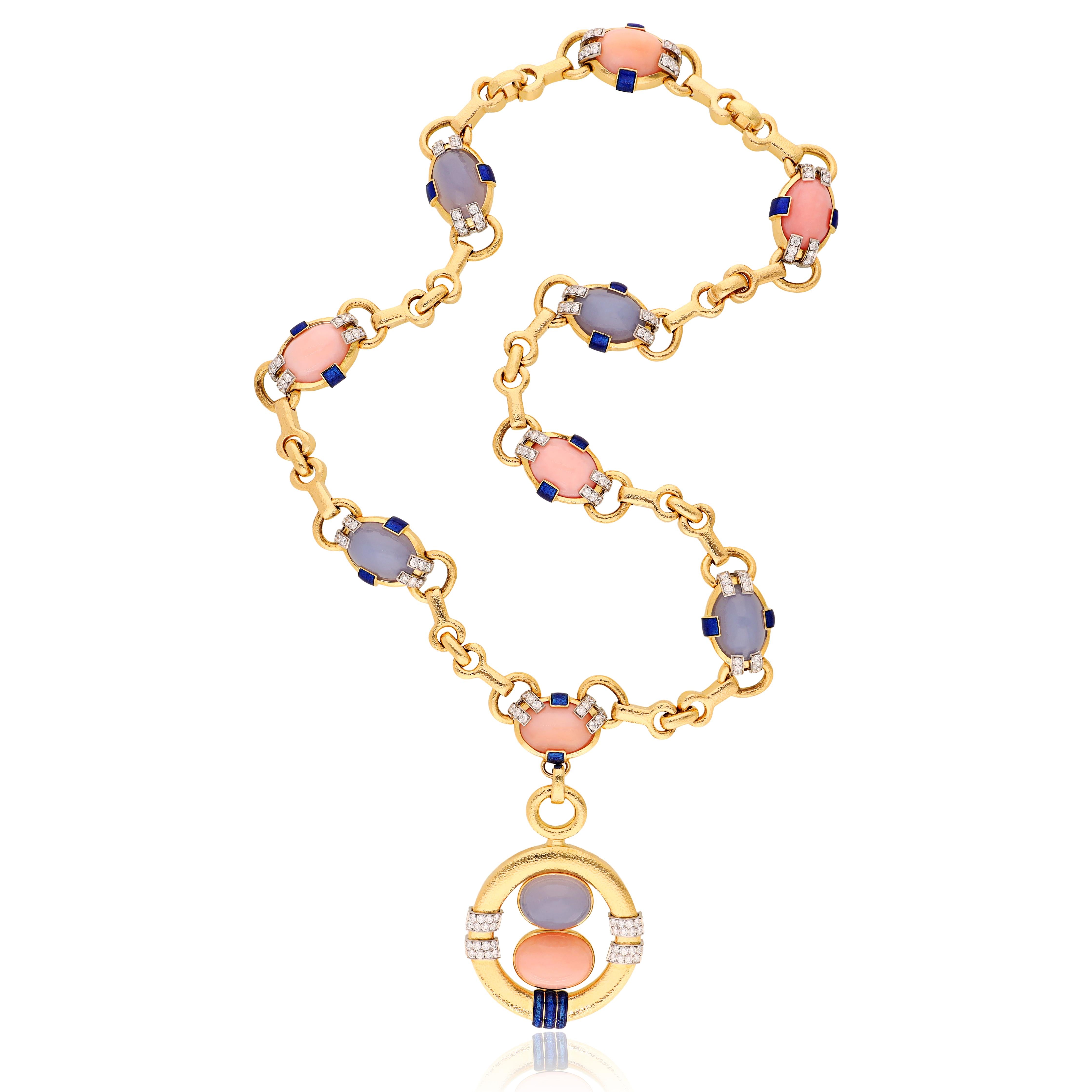 DAVID WEBB Blue Chalcedony, Pink Opal and Diamond Necklace, Pendent and Bracelet