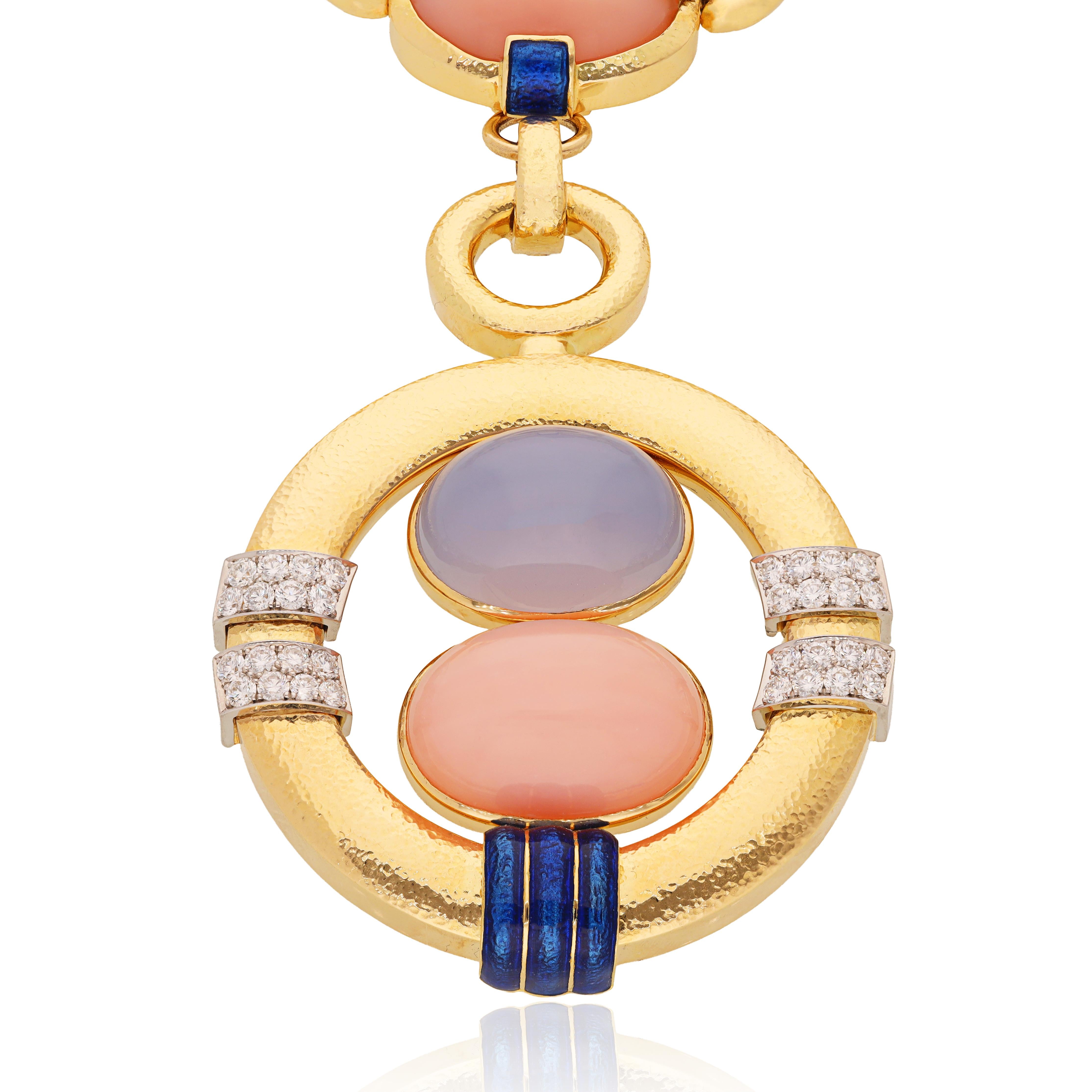 DAVID WEBB Blue Chalcedony, Pink Opal and Diamond Necklace, Pendent and Bracelet