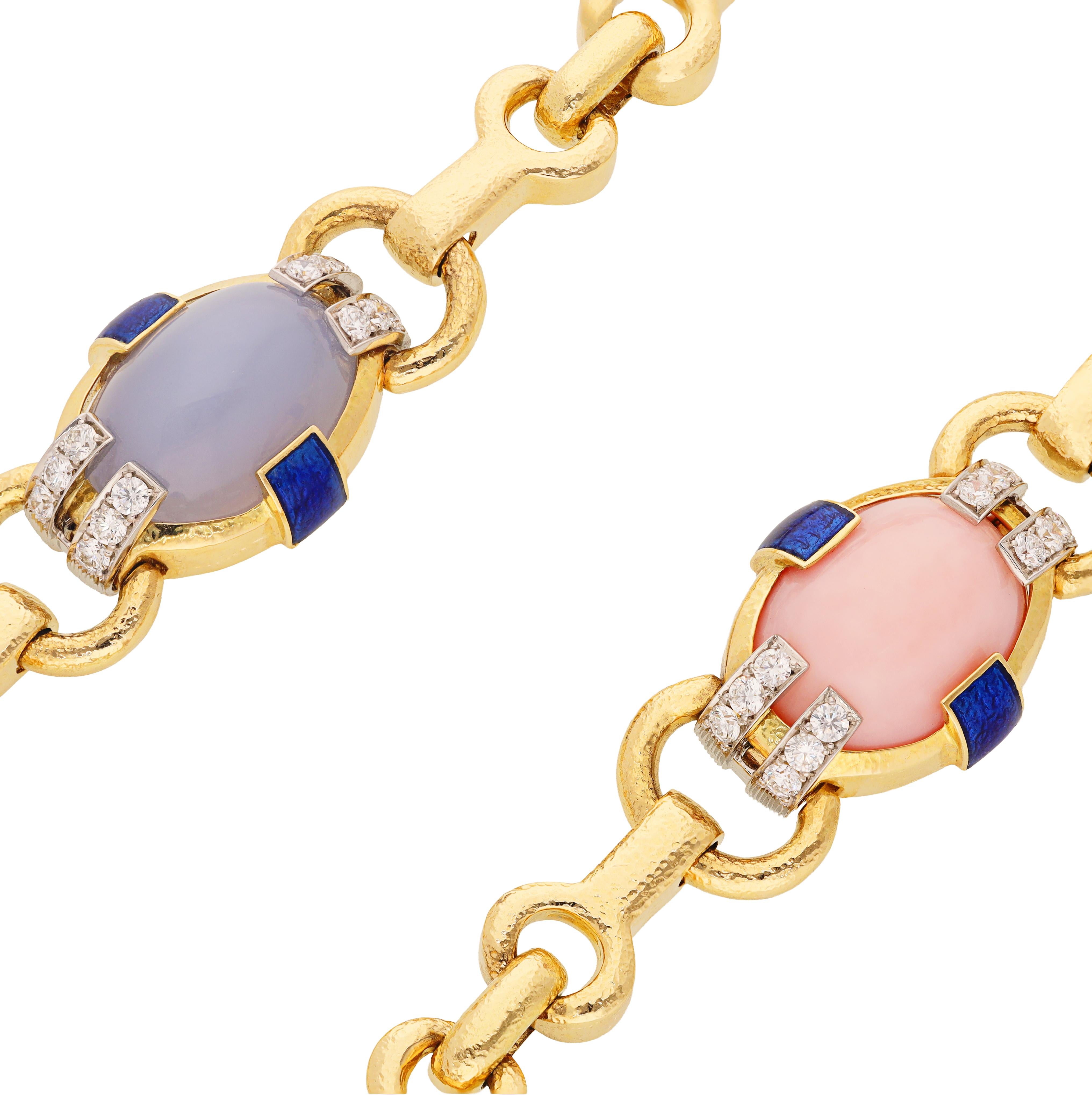 DAVID WEBB Blue Chalcedony, Pink Opal and Diamond Necklace, Pendent and Bracelet