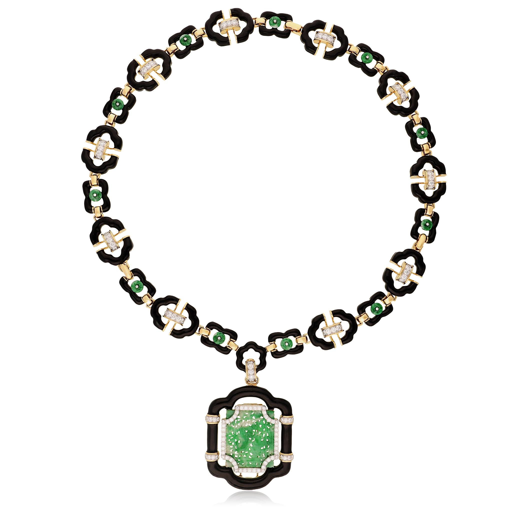 DAVID WEBB "Harmony" Convertible Necklace Jade, Black Enamel and Diamonds