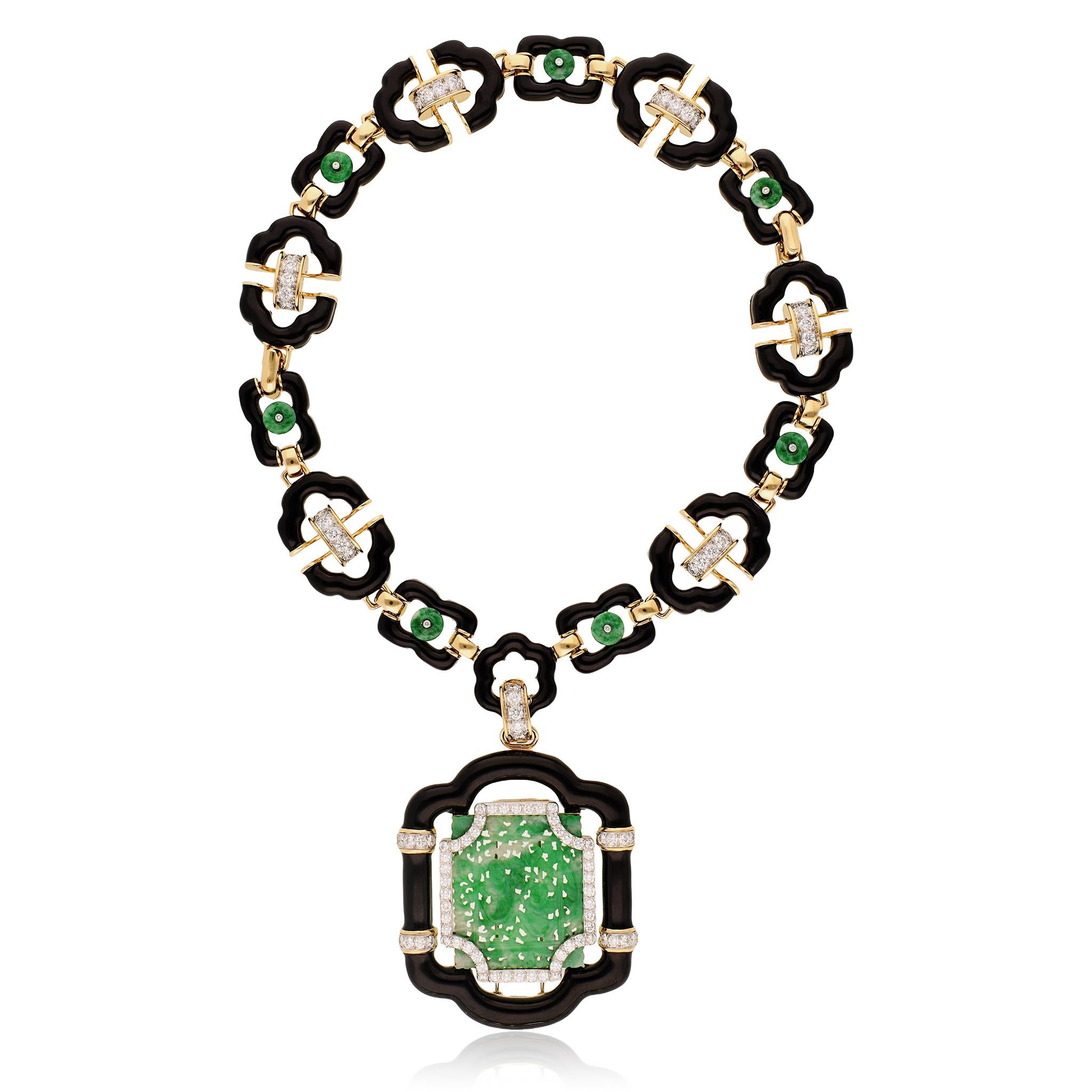 DAVID WEBB "Harmony" Convertible Necklace Jade, Black Enamel and Diamonds